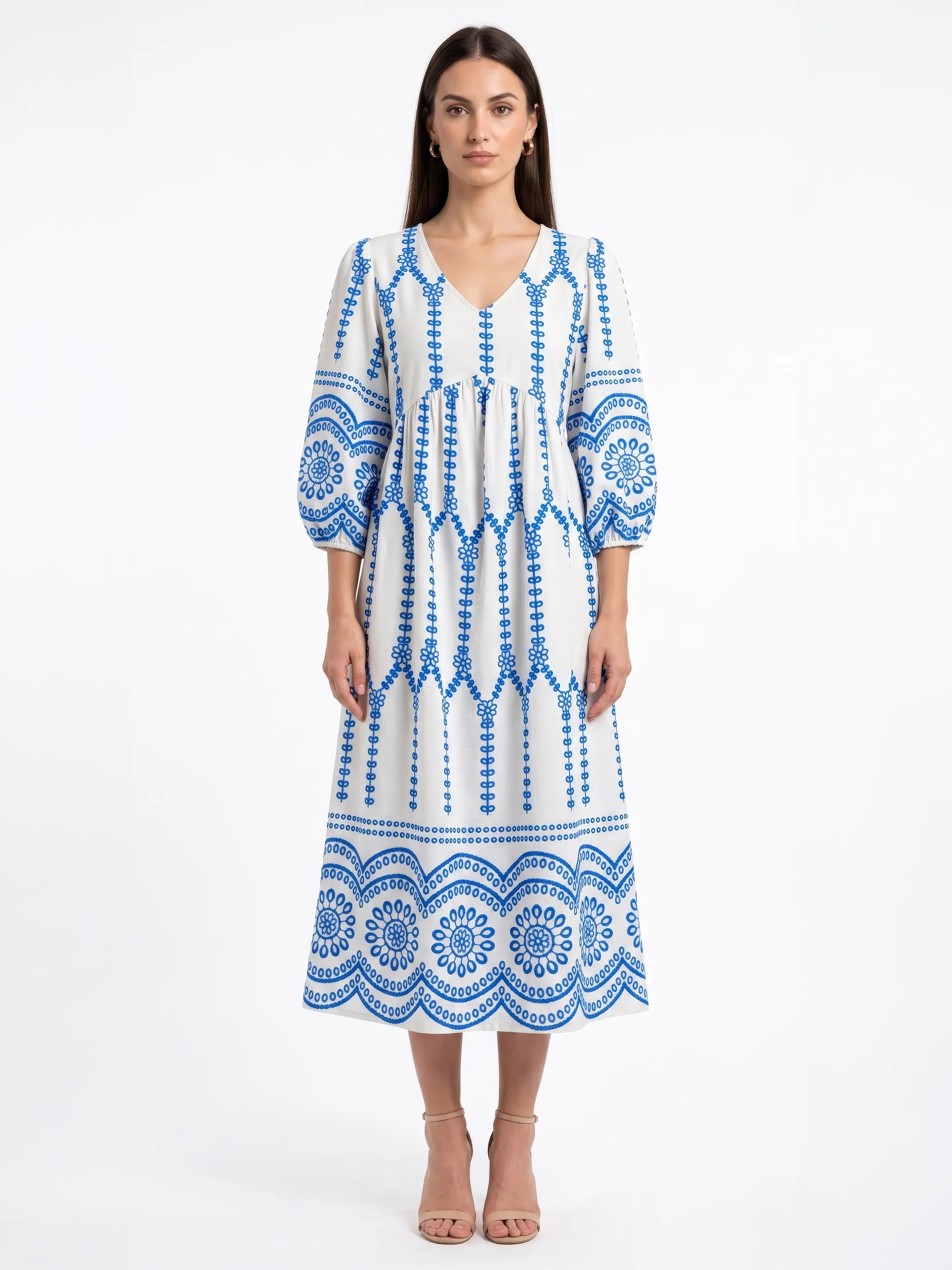 Off-White & Blue Boho Printed Cotton Puff Sleeve A-Line Midi Dress