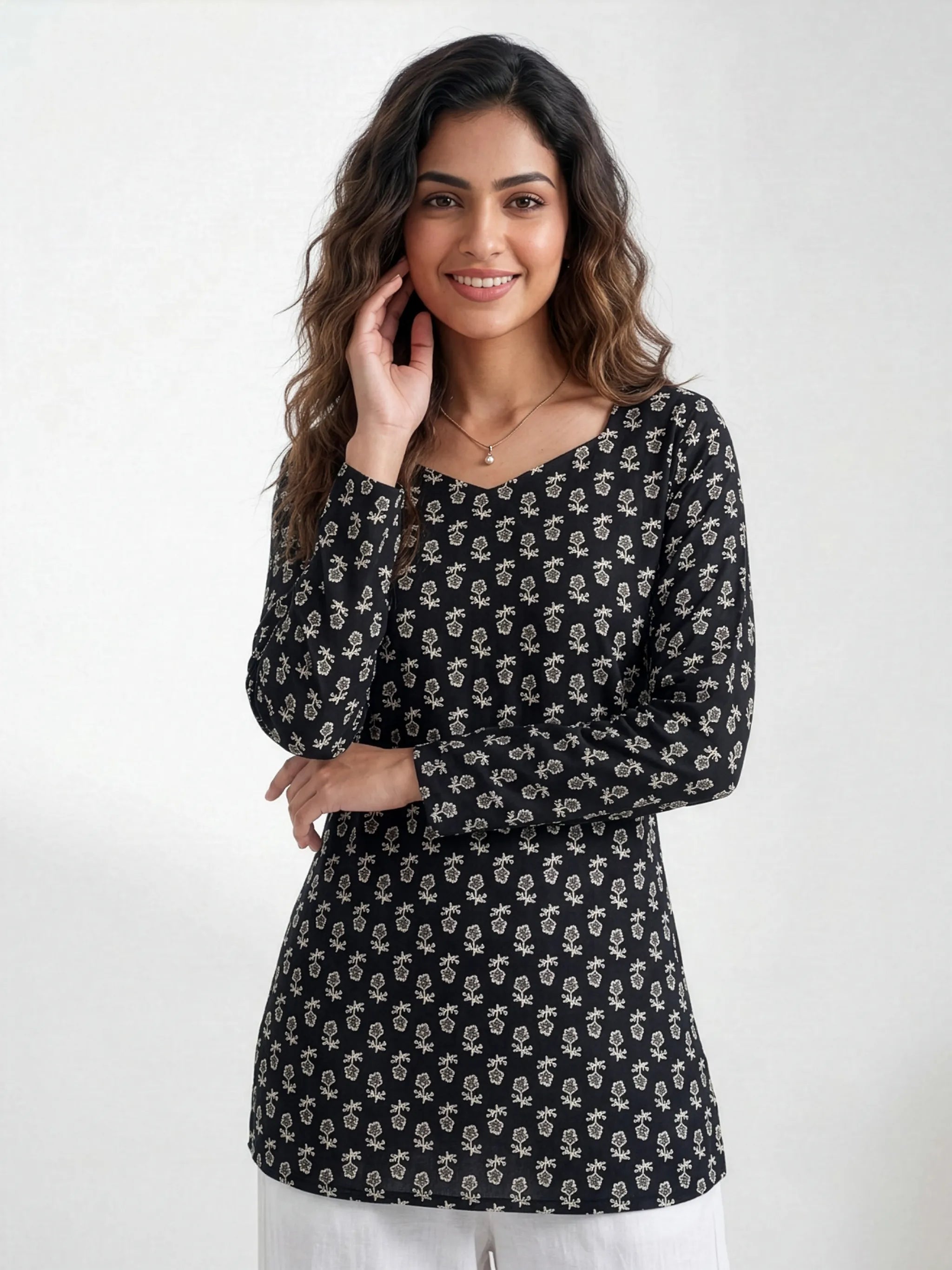 Women's Black Floral Print Short Kurti