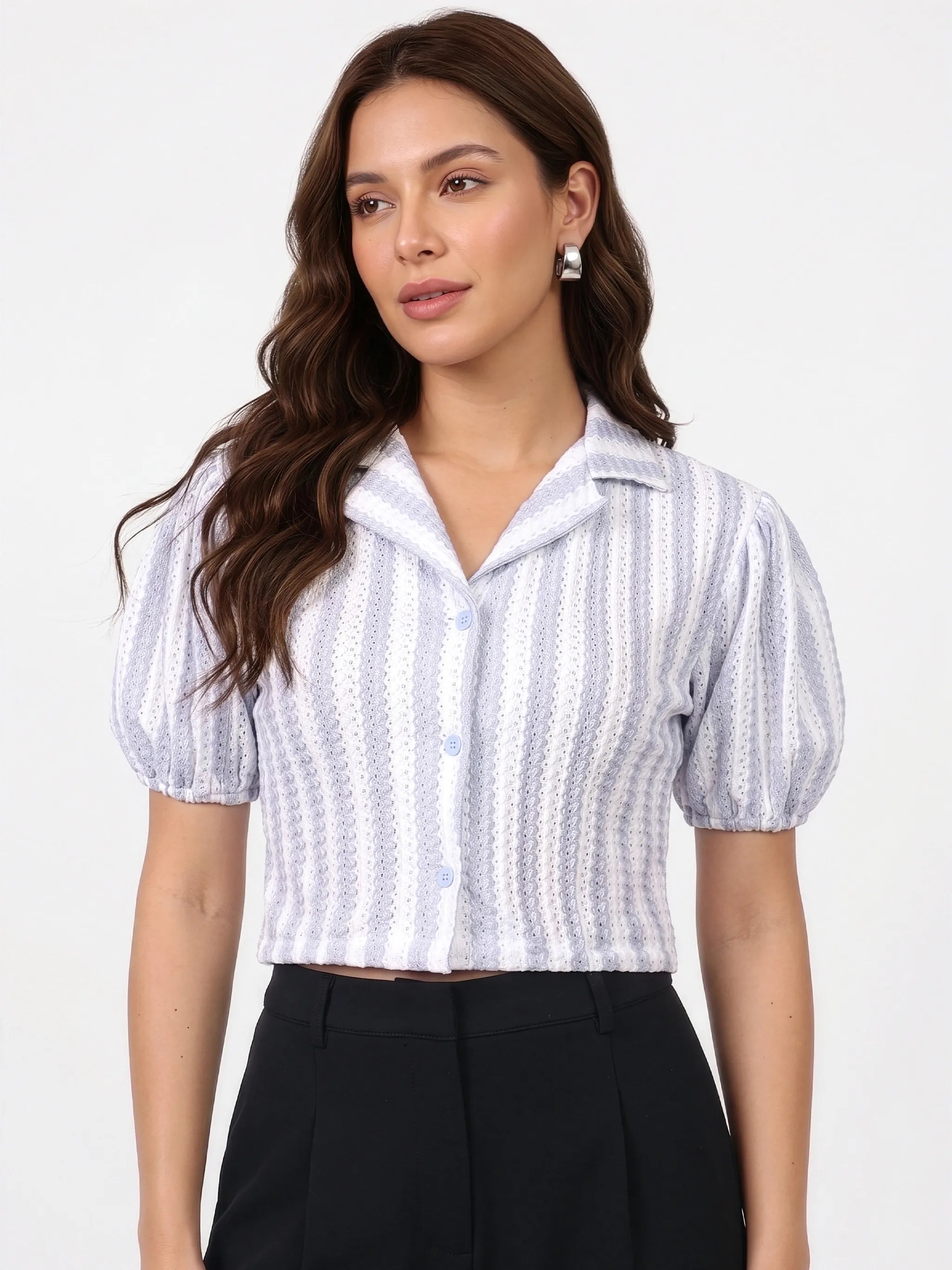 The Pointelle Stripe Camp Top – Blue