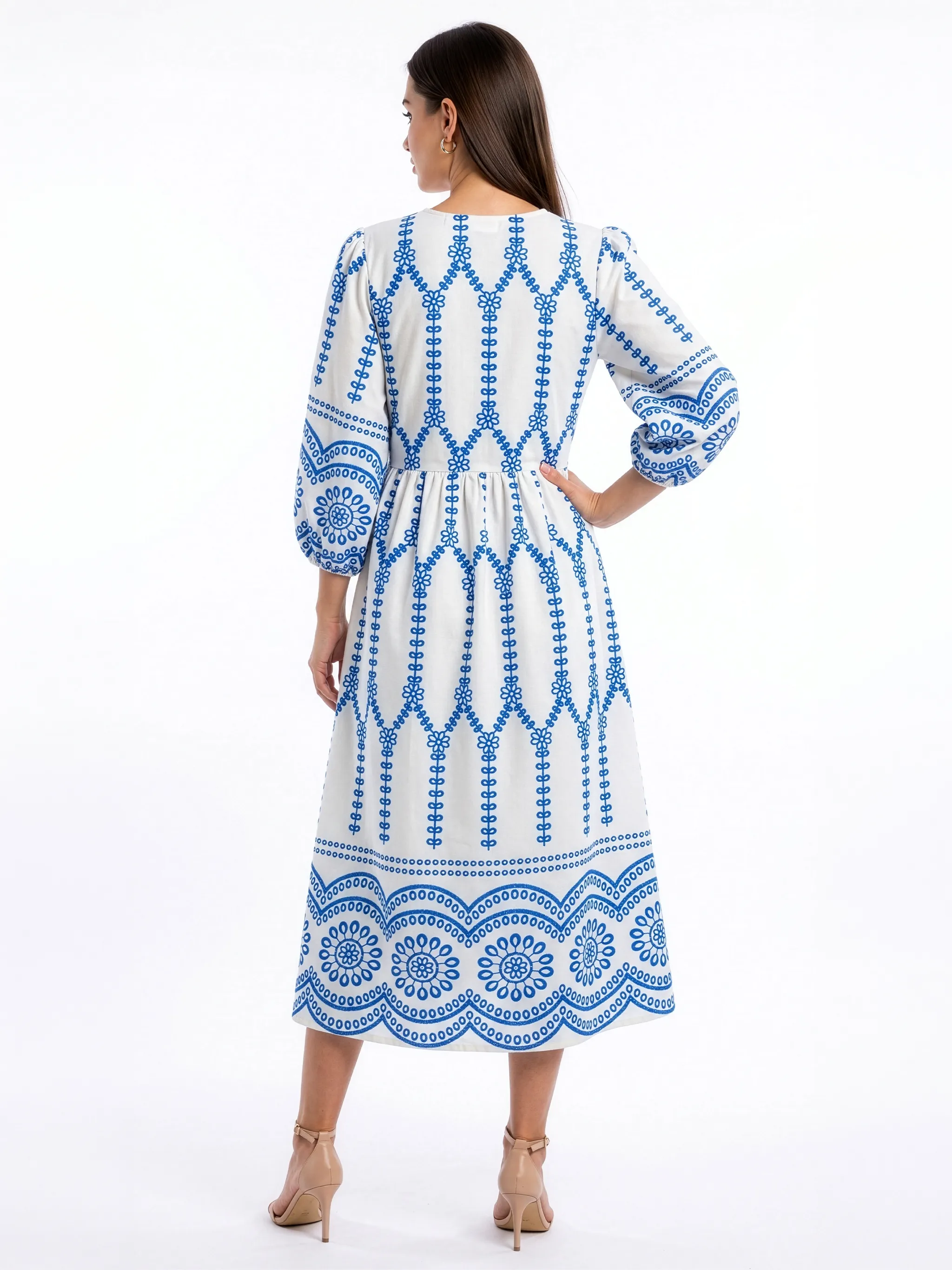 Off-White & Blue Boho Printed Cotton Puff Sleeve A-Line Midi Dress