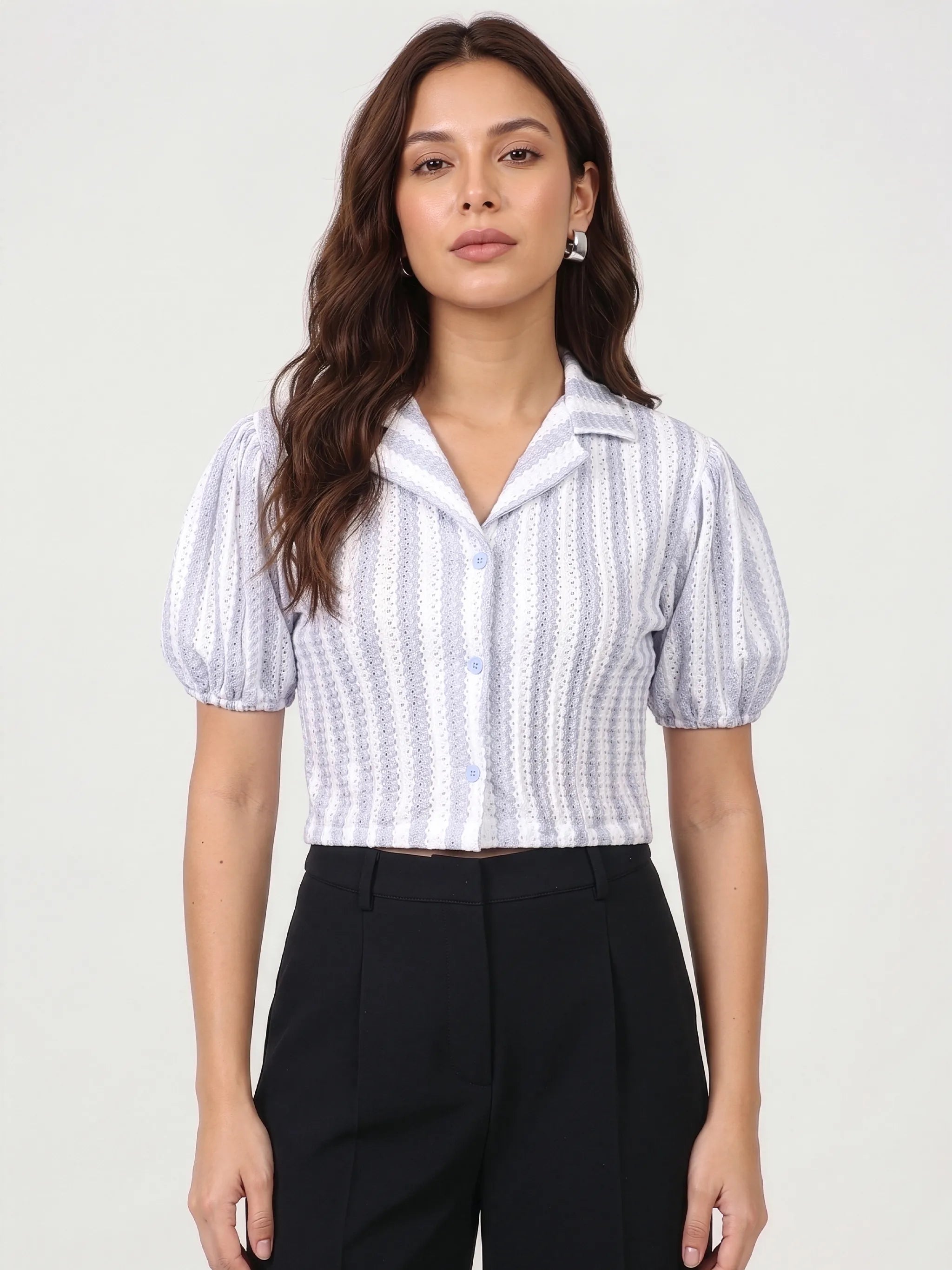 The Pointelle Stripe Camp Top – Blue