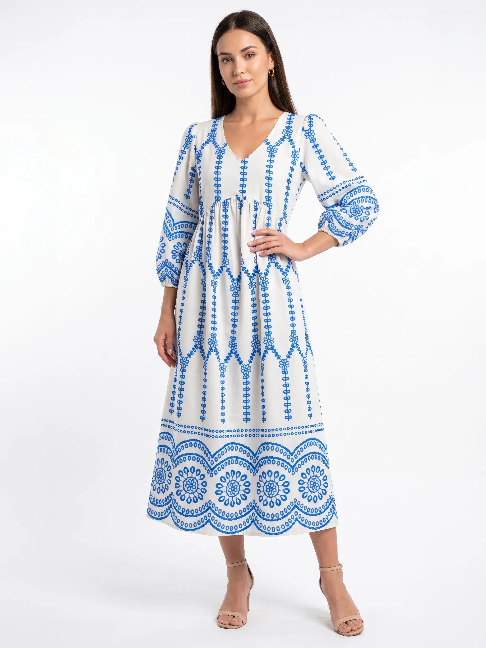 Women Off-White & Blue Boho Printed Cotton Puff Sleeve A-Line Midi Dress