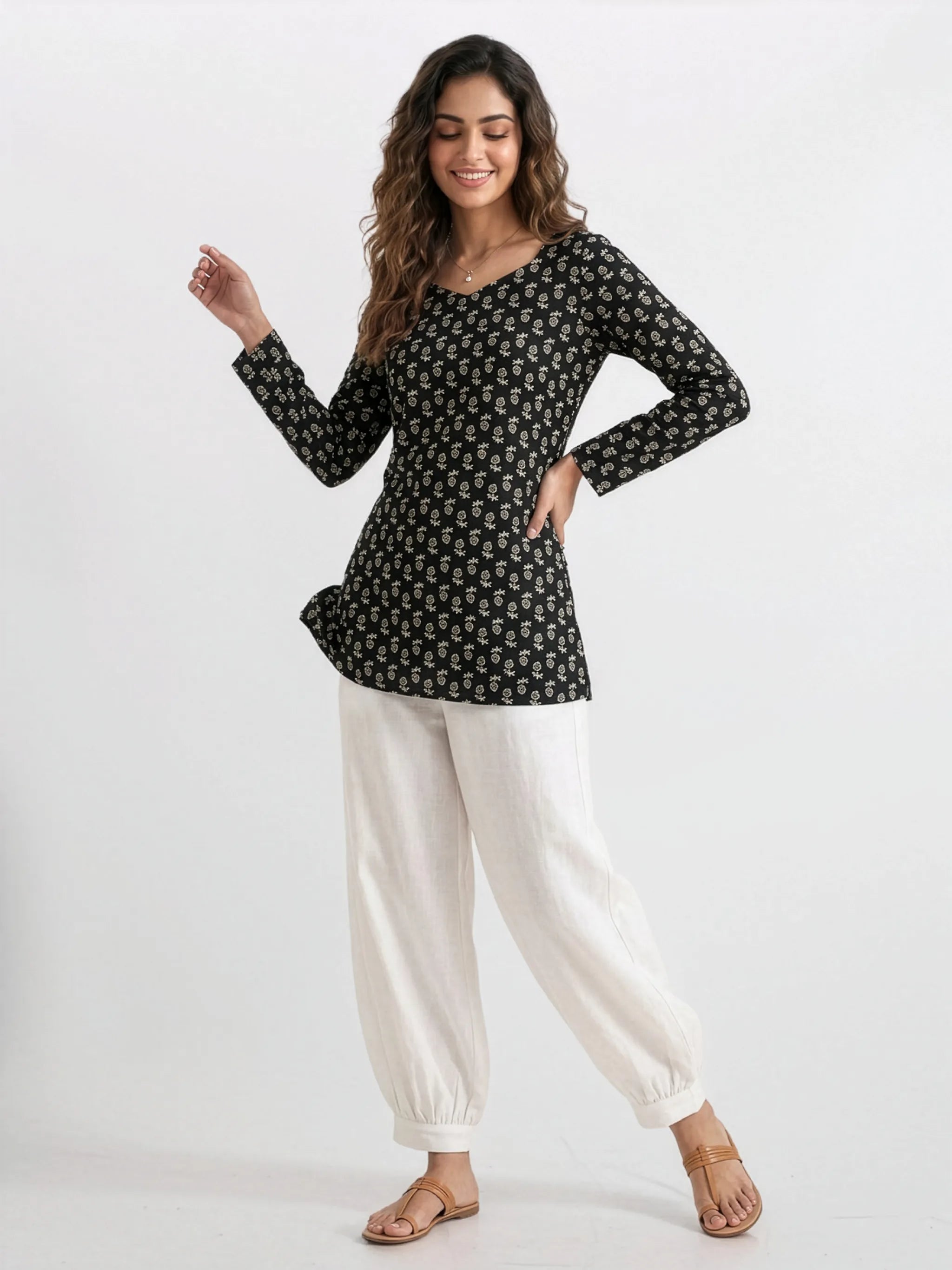 Women's Black Floral Print Short Kurti