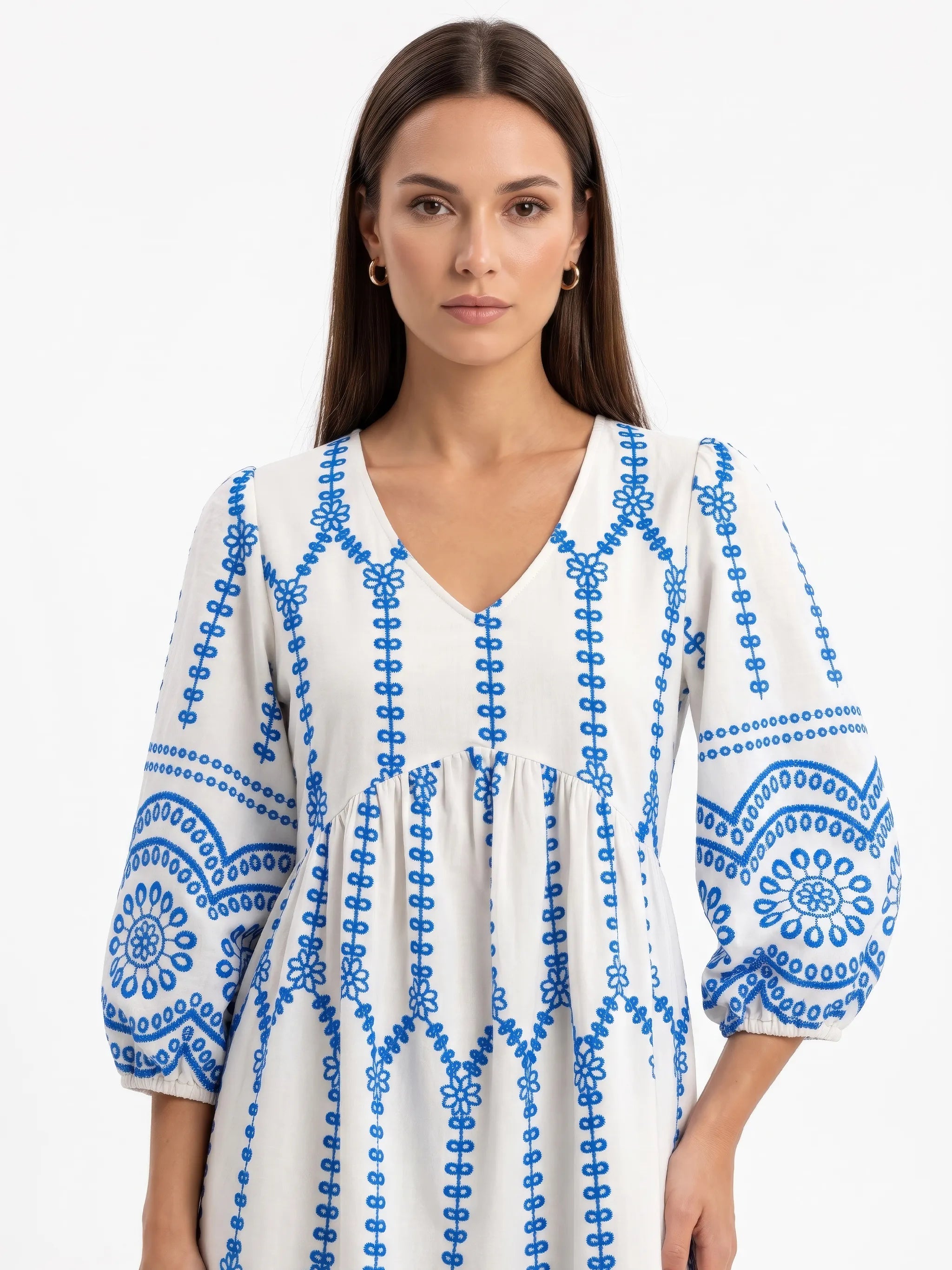 Off-White & Blue Boho Printed Cotton Puff Sleeve A-Line Midi Dress