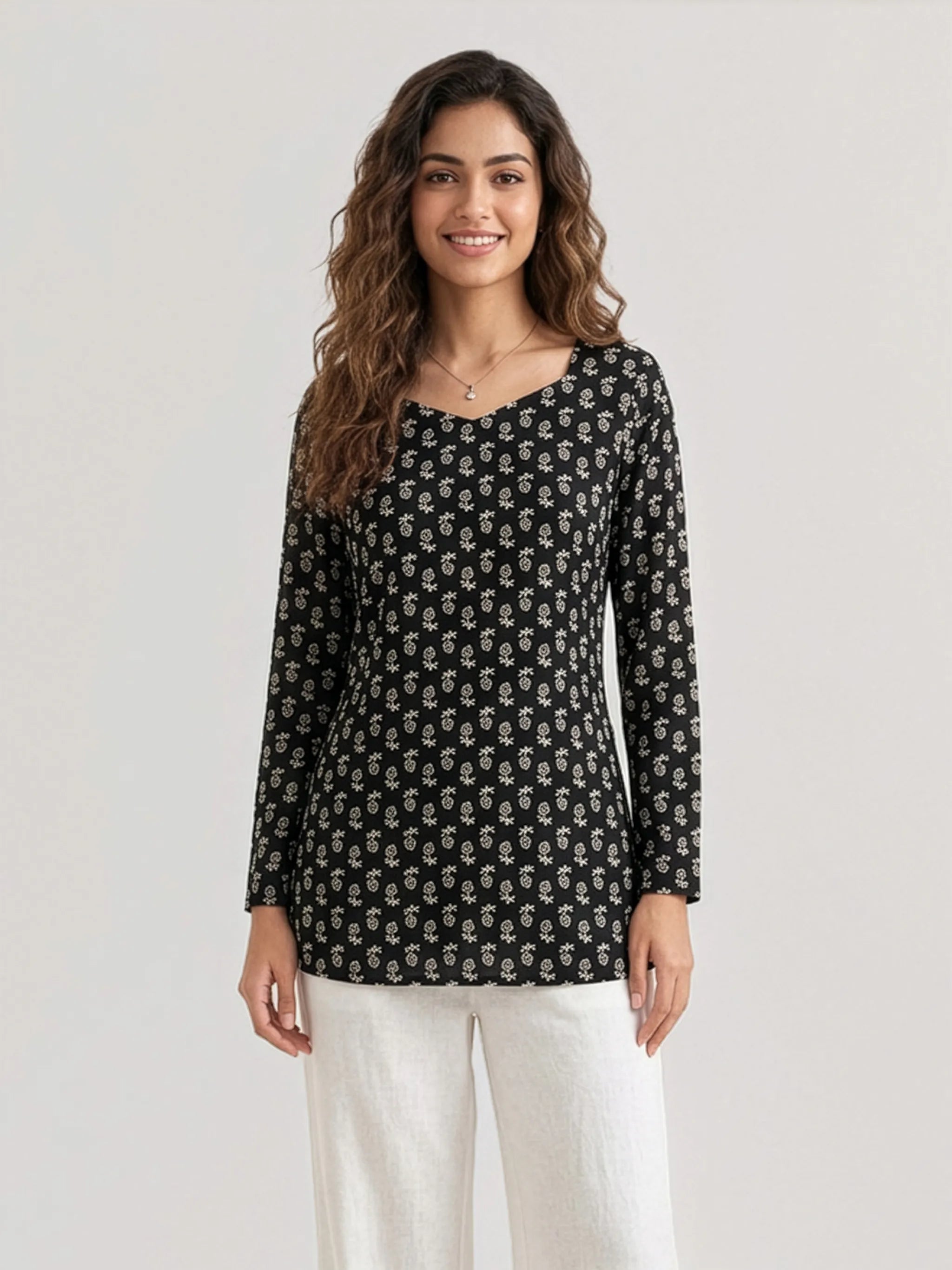 Women's Black Floral Print Short Kurti