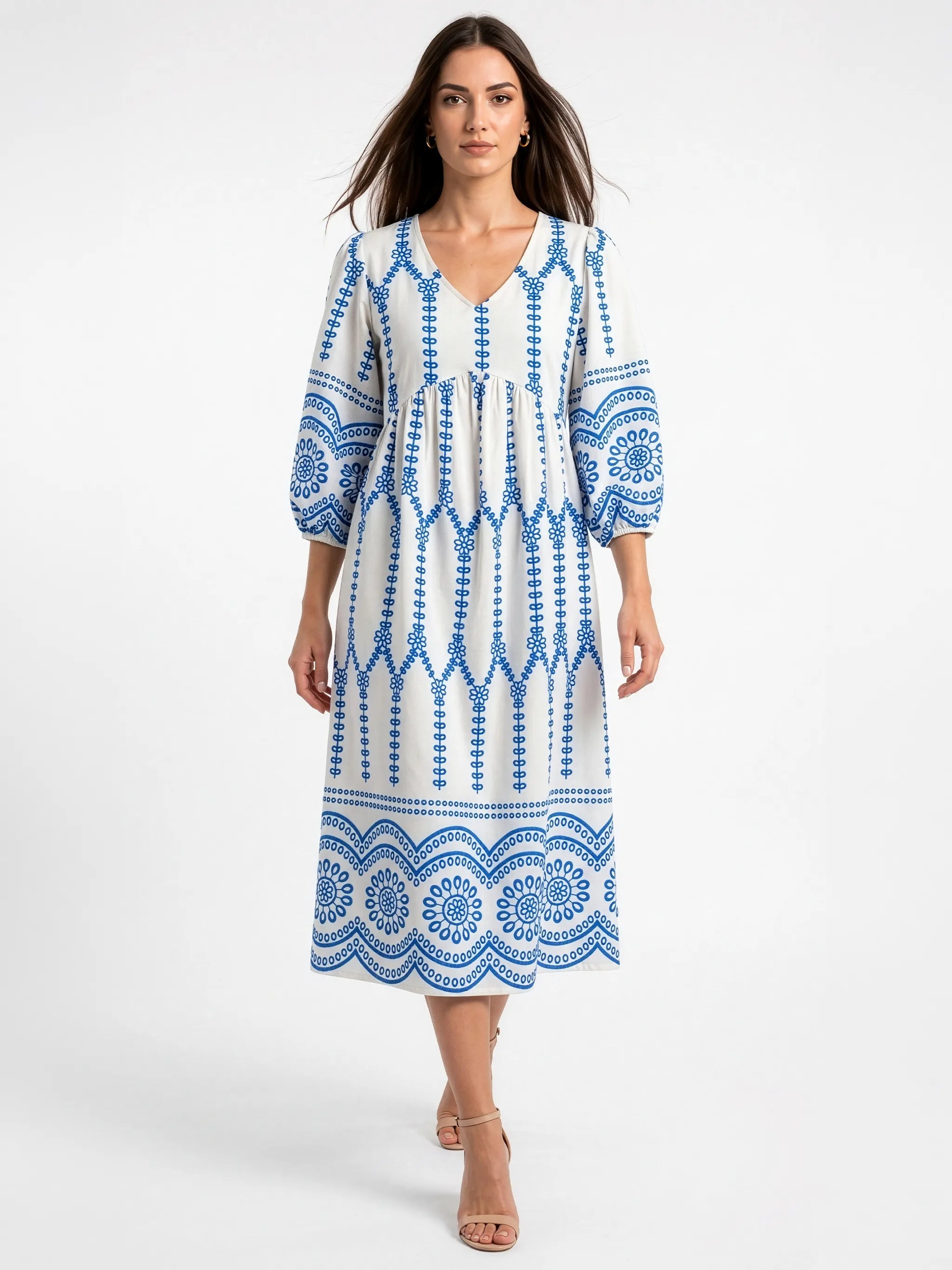 Off-White & Blue Boho Printed Cotton Puff Sleeve A-Line Midi Dress
