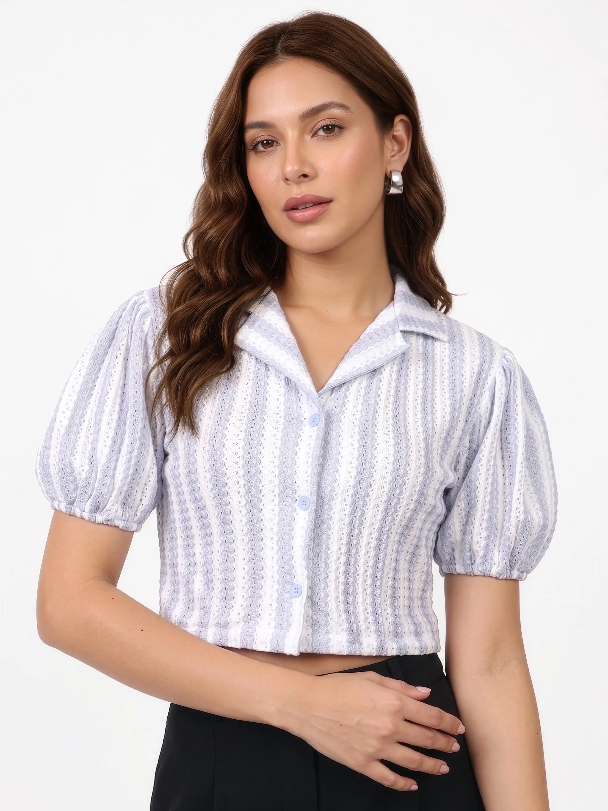 The Pointelle Stripe Camp Top – Blue