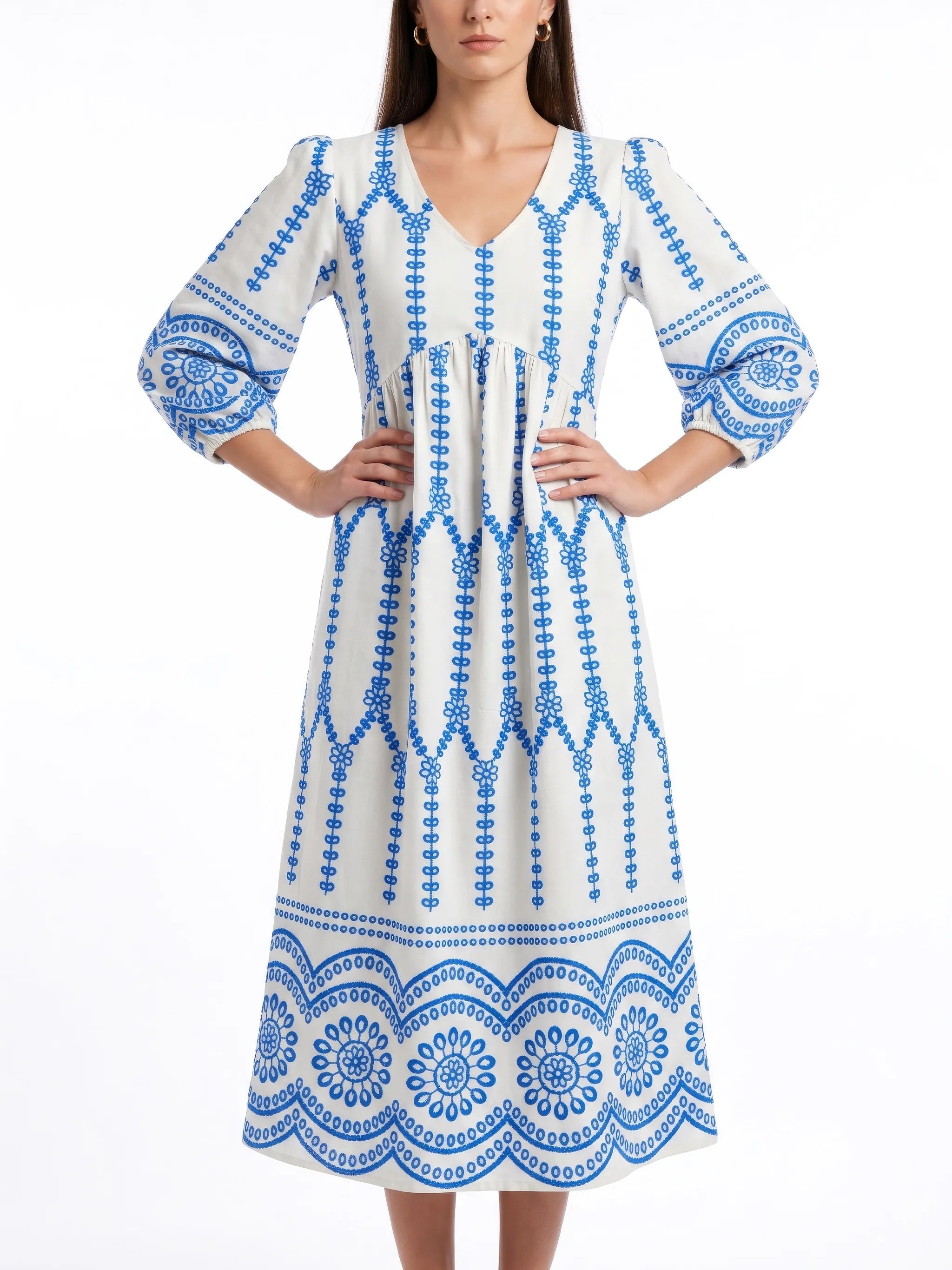 Off-White & Blue Boho Printed Cotton Puff Sleeve A-Line Midi Dress