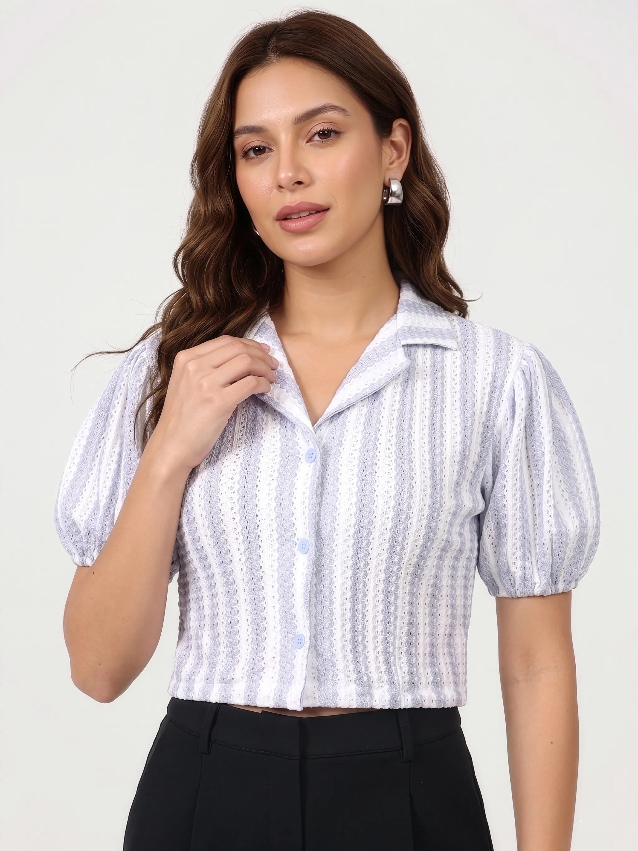 The Pointelle Stripe Camp Top – Blue