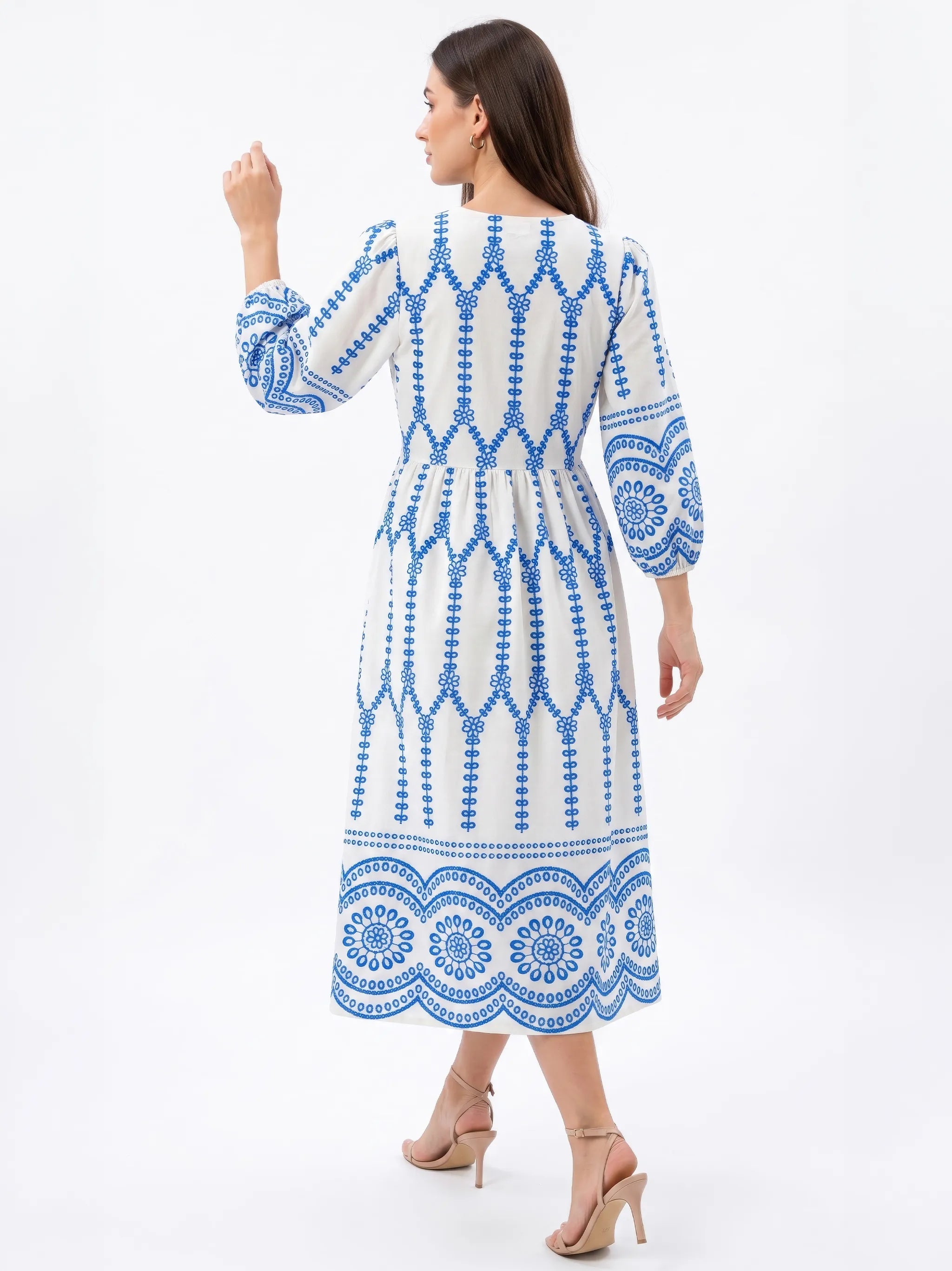 Off-White & Blue Boho Printed Cotton Puff Sleeve A-Line Midi Dress