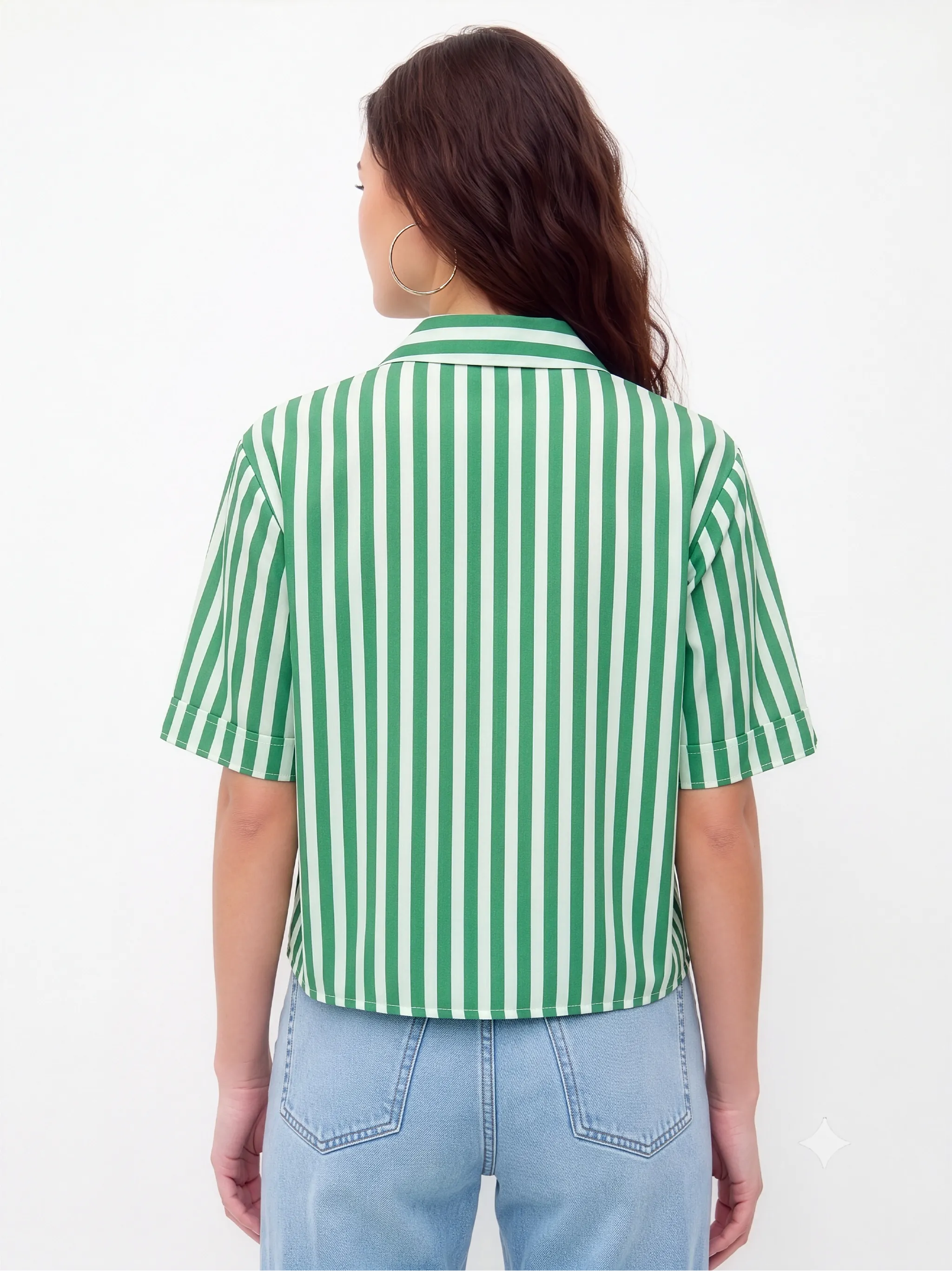 Green & White Vertical Stripe Boxy Fit Cotton Shirt