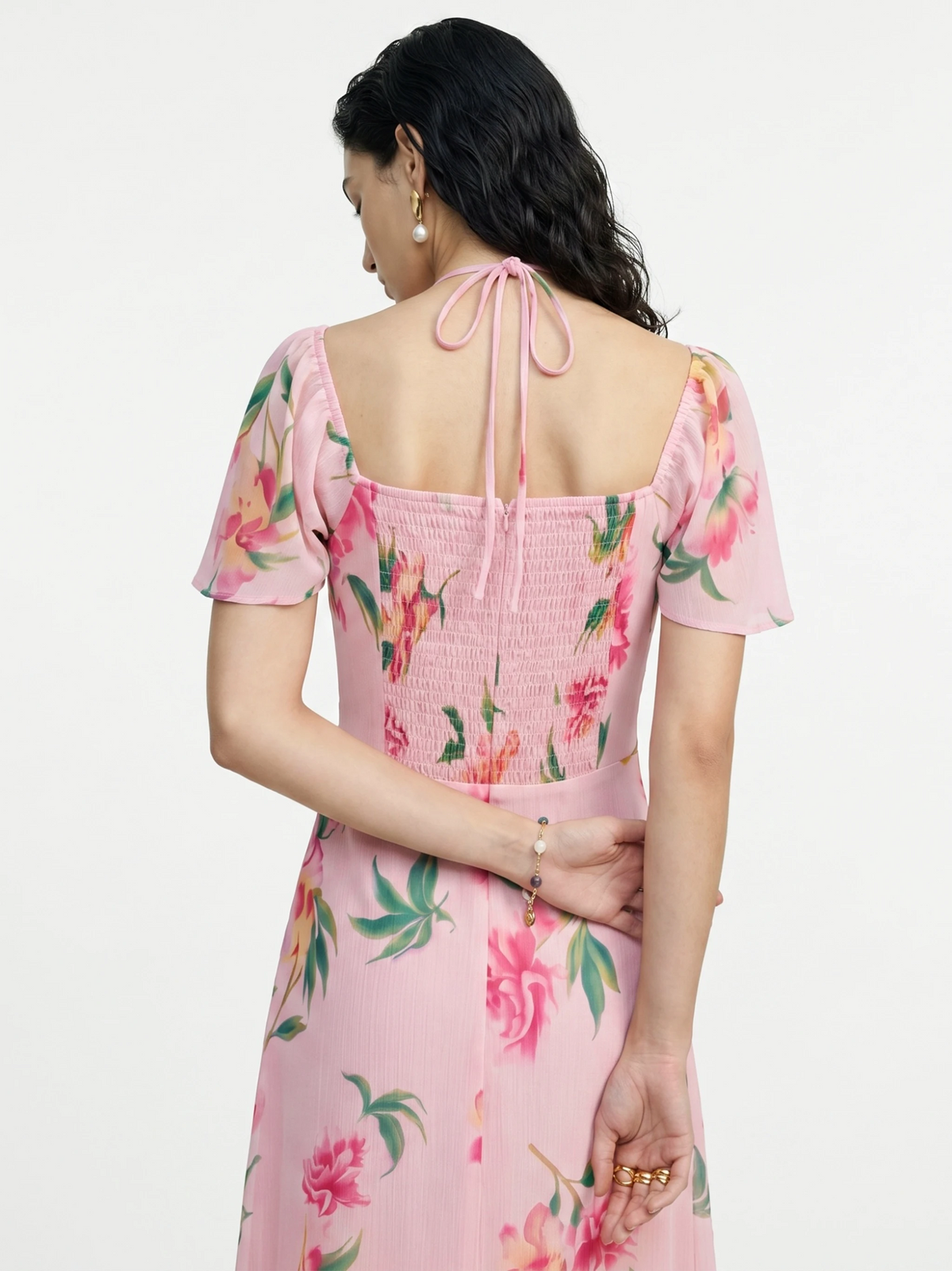 Blush Pink Floral Chiffon Midi Dress
