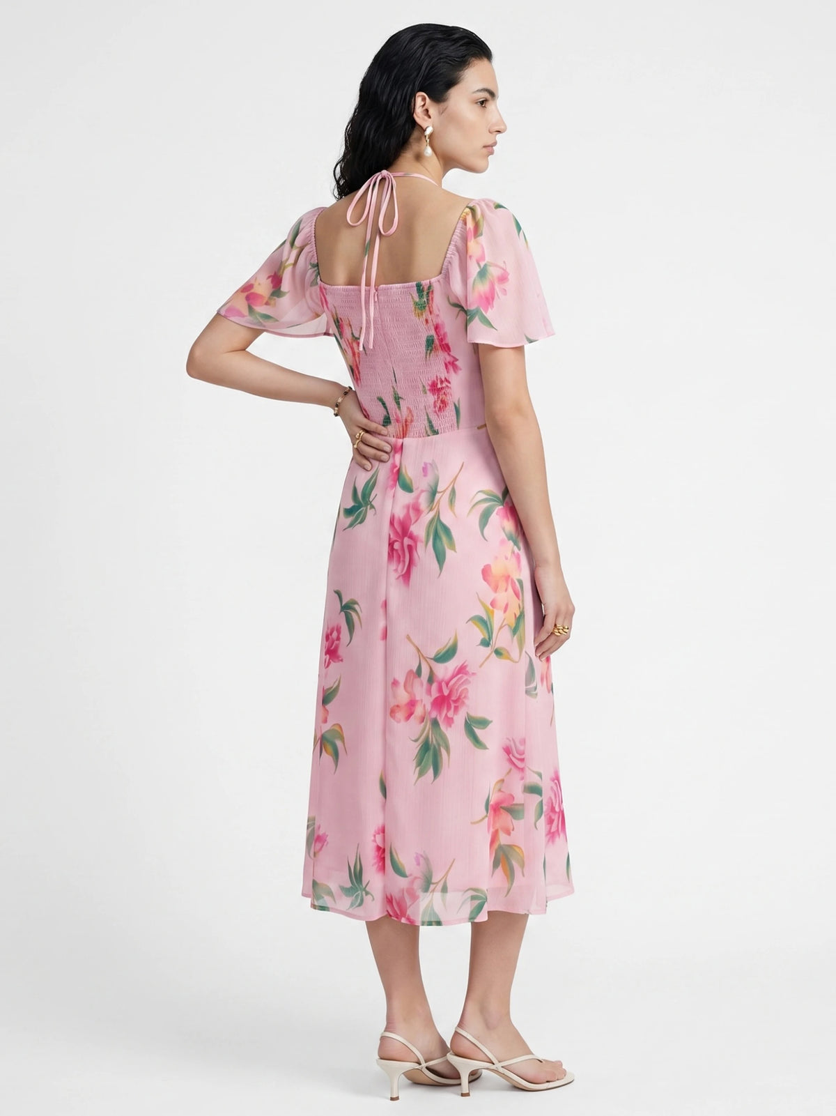 Blush Pink Floral Chiffon Midi Dress