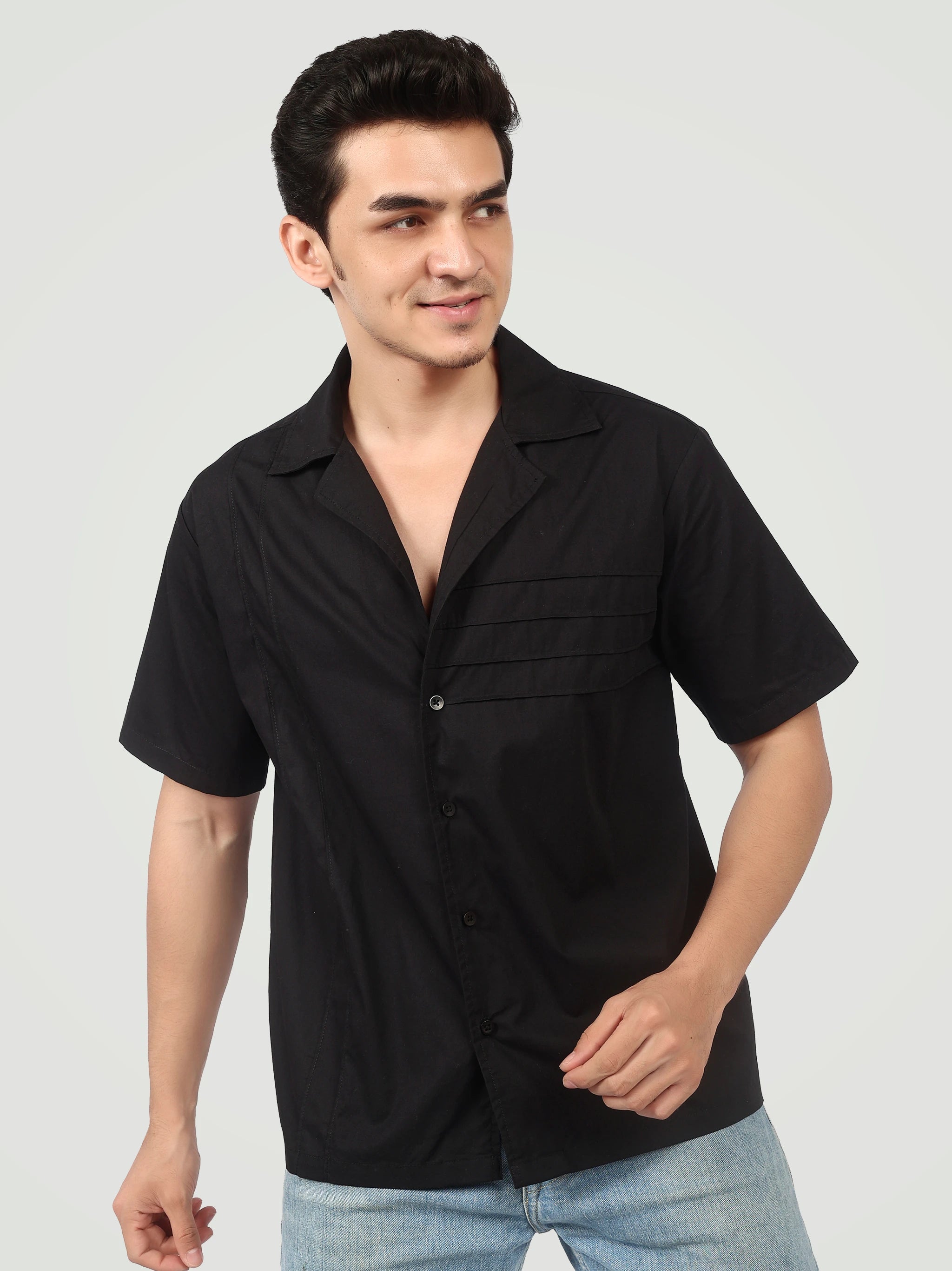 The Architectural Pleated Camp Collar Shirt – Jet Black