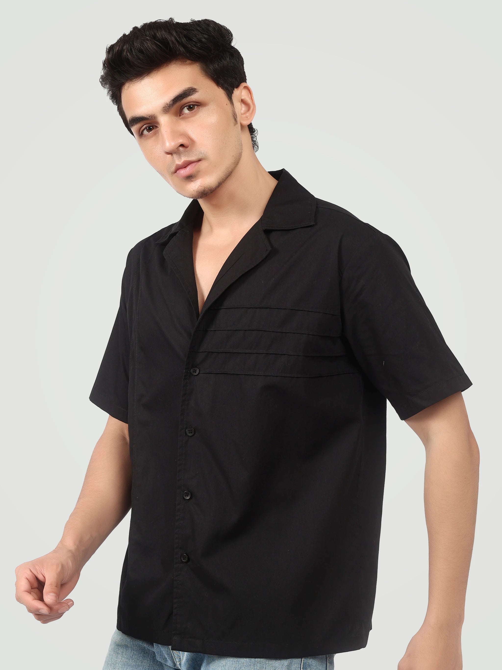 The Architectural Pleated Camp Collar Shirt – Jet Black