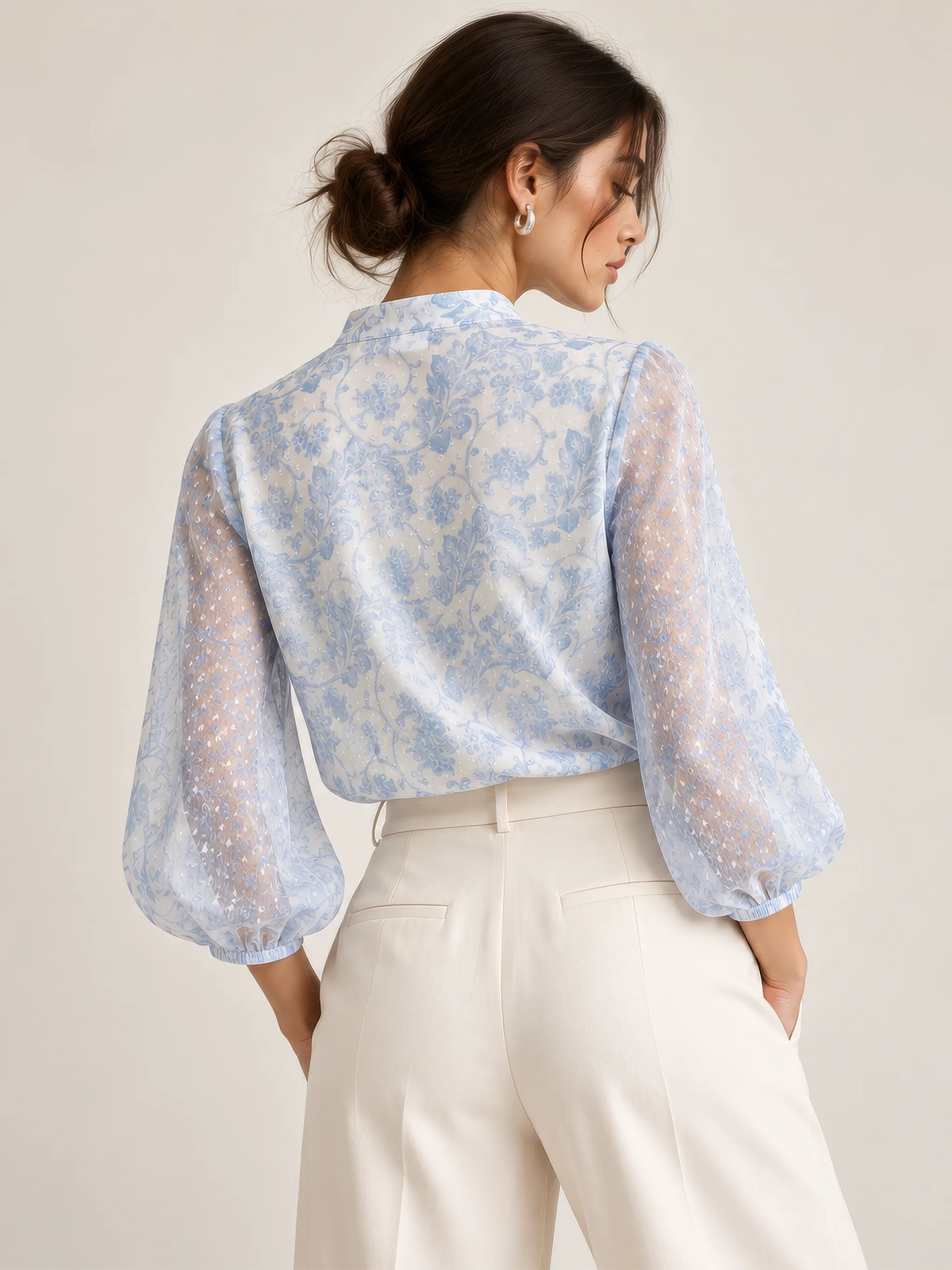 Floral Print Mandarin Collar Top - Powder Blue