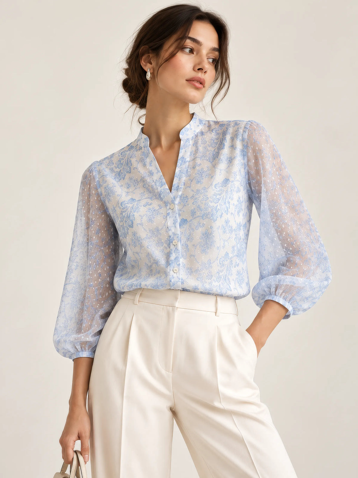 Floral Print Mandarin Collar Top - Powder Blue