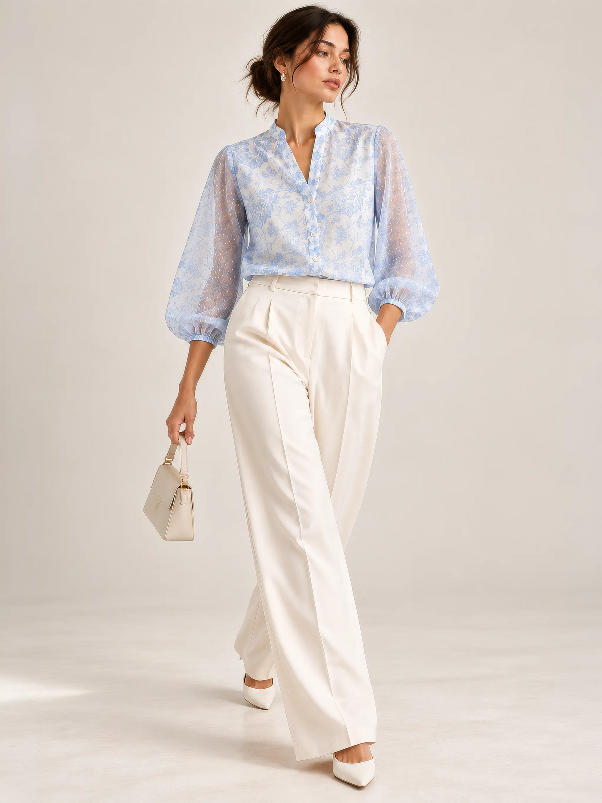 Floral Print Mandarin Collar Top - Powder Blue
