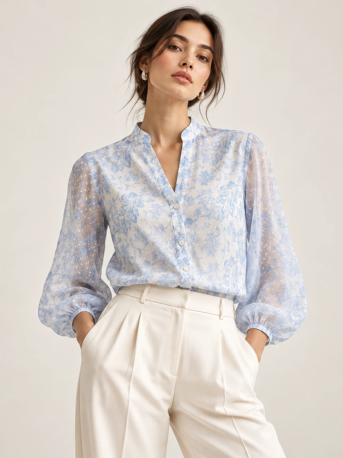 Floral Print Mandarin Collar Top - Powder Blue