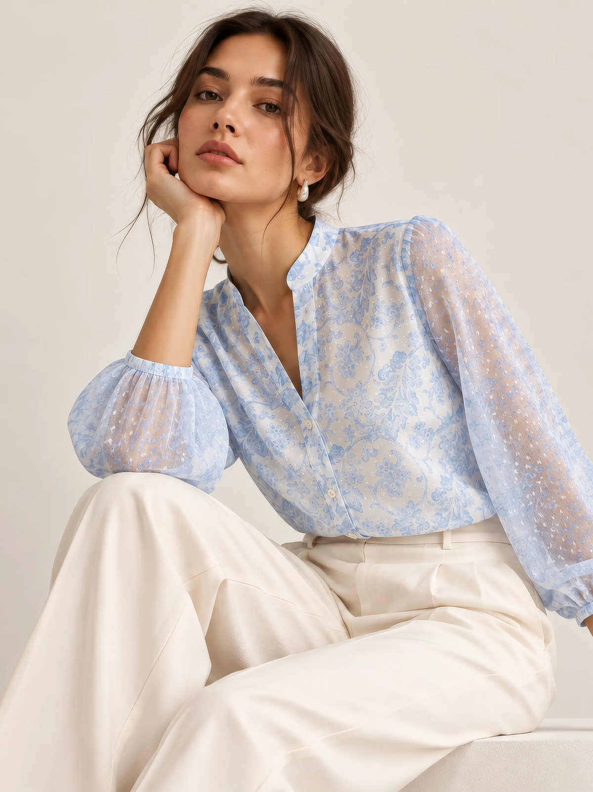 Floral Print Mandarin Collar Top - Powder Blue