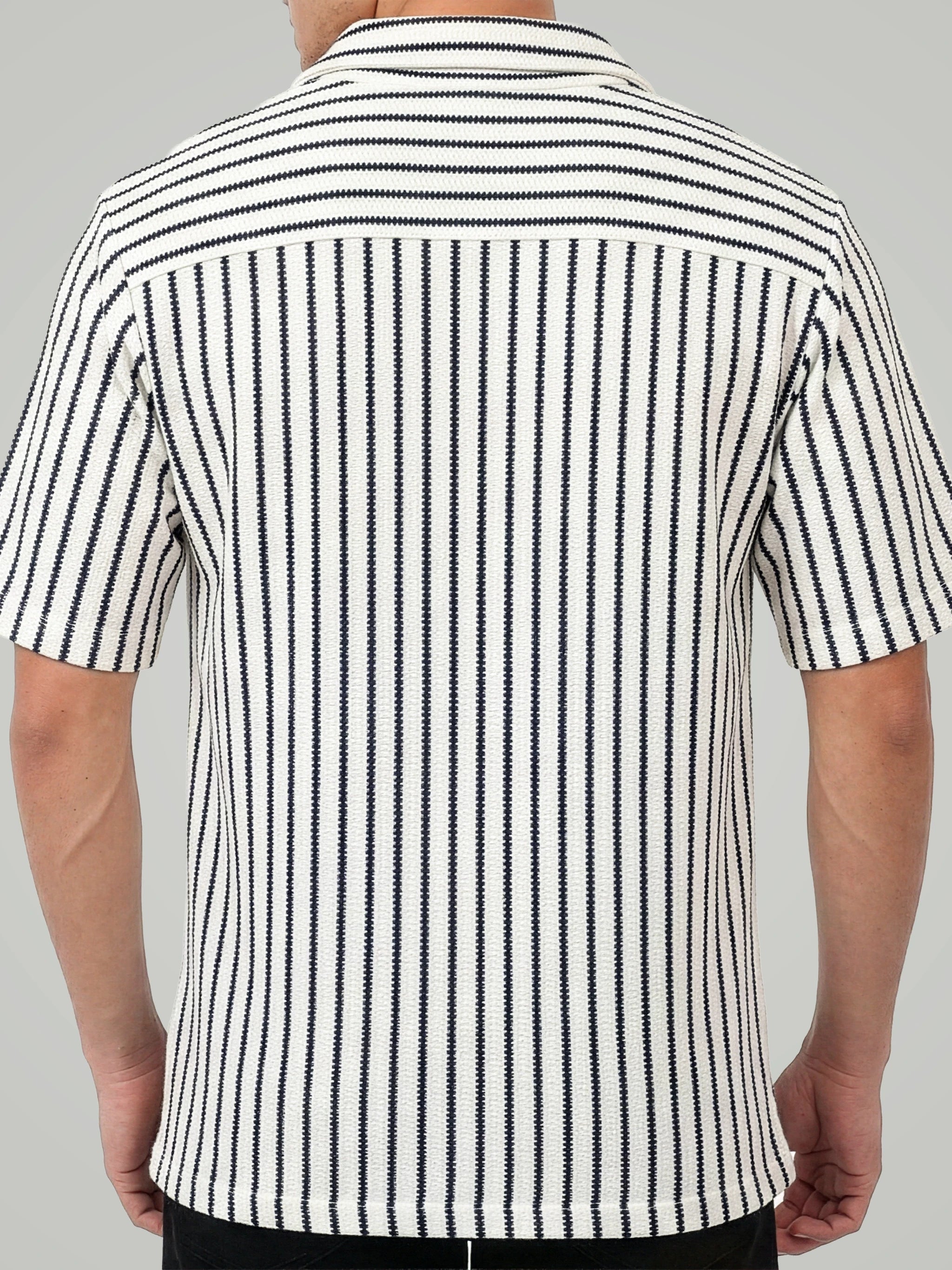 The Textured Knit Stripe Camp Collar – Ivory & Navy