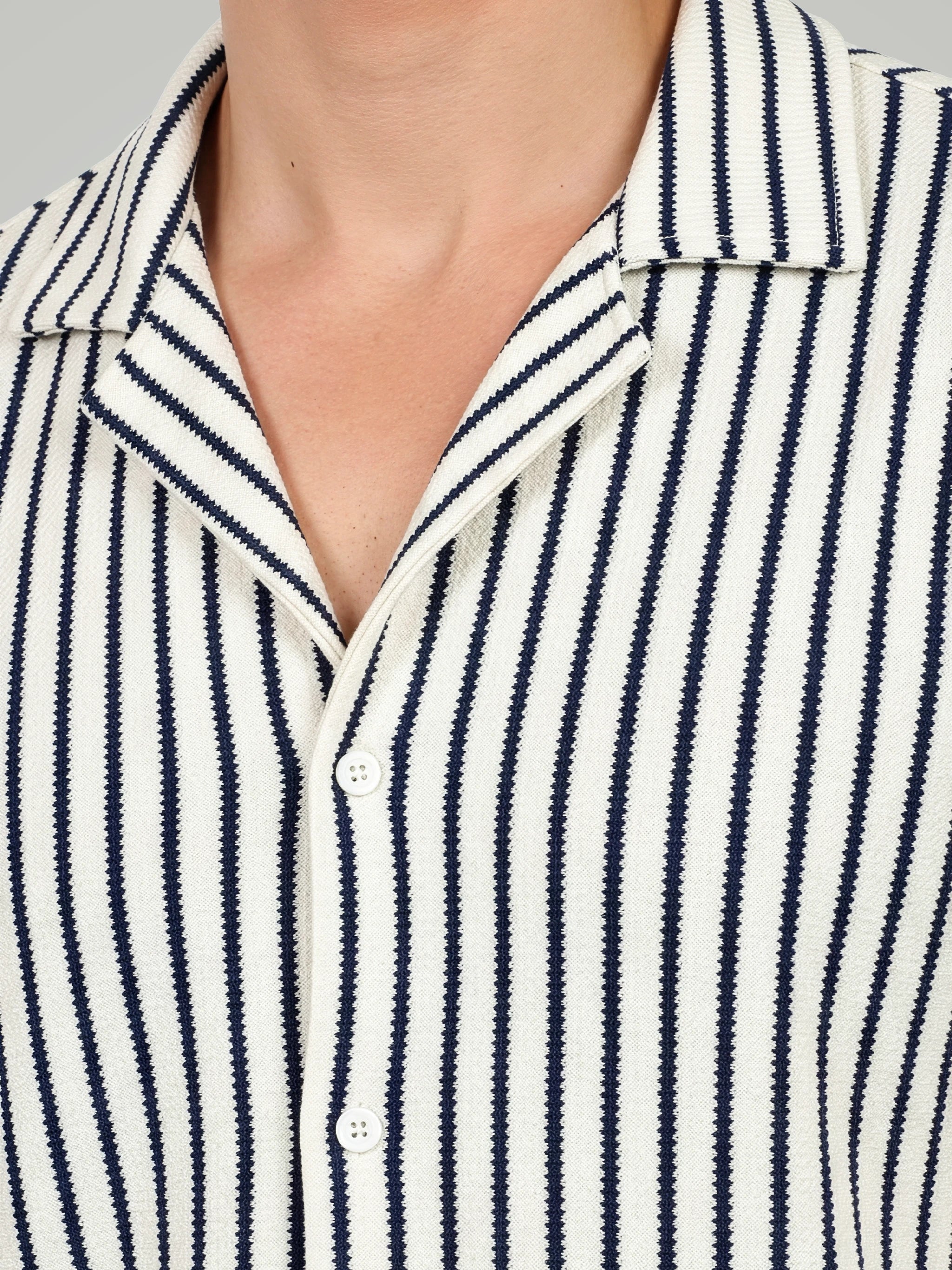 The Textured Knit Stripe Camp Collar – Ivory & Navy
