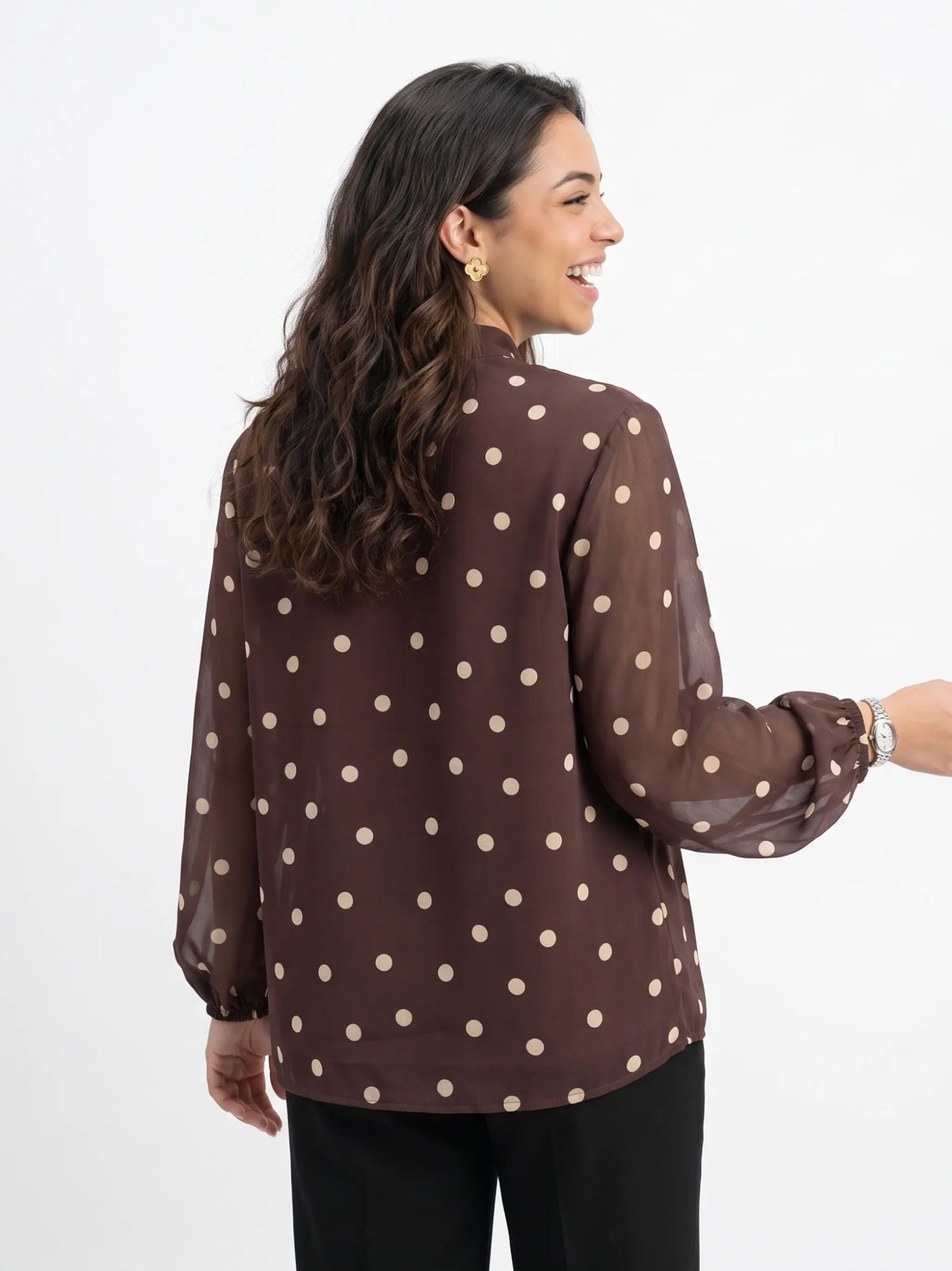 Polka Dot Mandarin Collar Top - Chocolate Brown