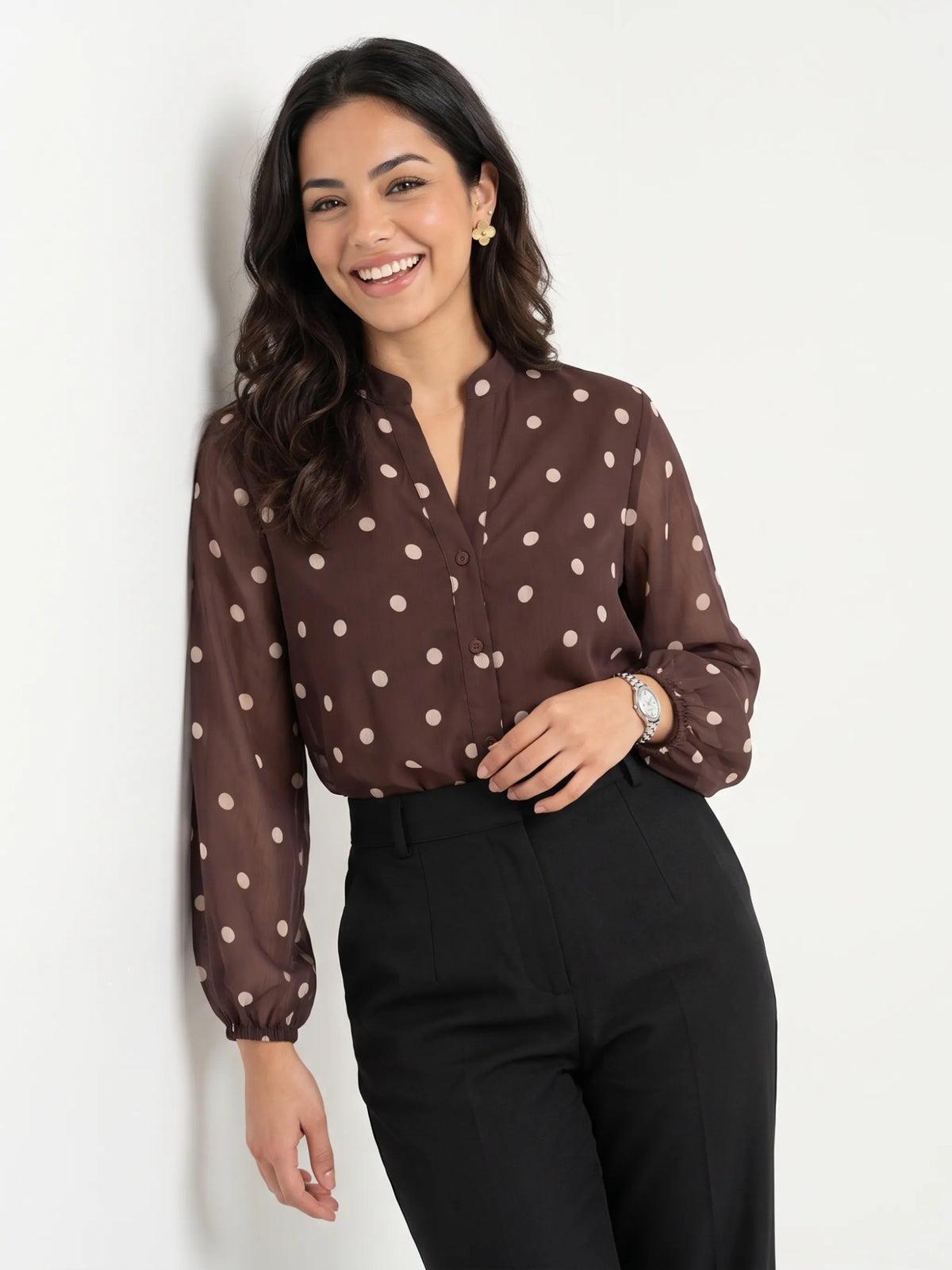 Polka Dot Mandarin Collar Top - Chocolate Brown