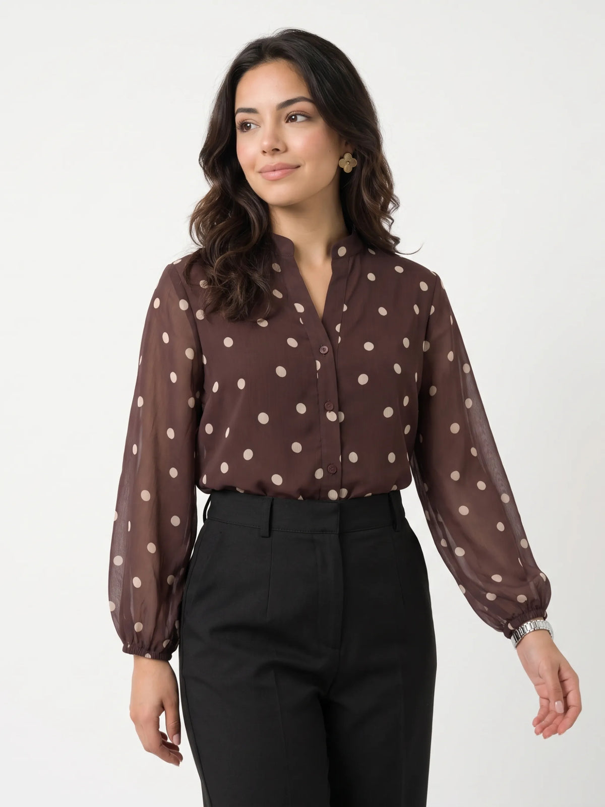 Polka Dot Mandarin Collar Top - Chocolate Brown