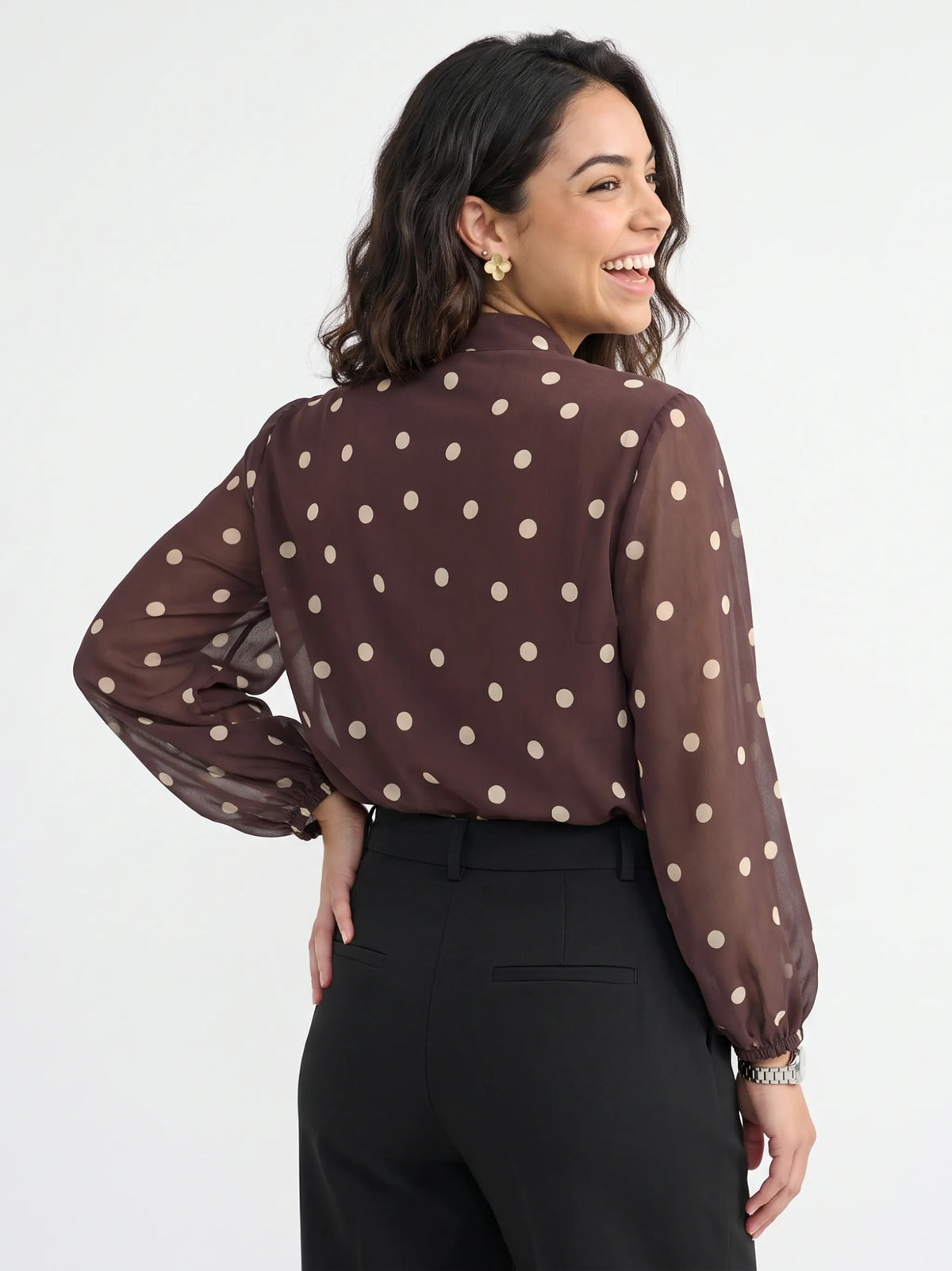 Polka Dot Mandarin Collar Top - Chocolate Brown