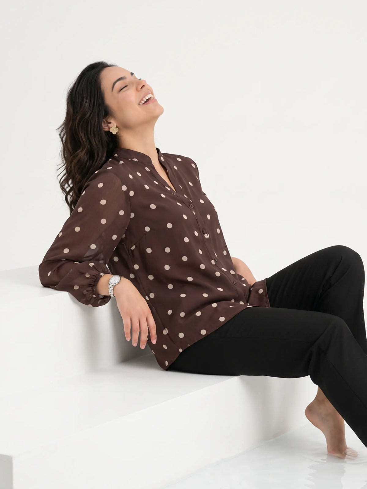 Polka Dot Mandarin Collar Top - Chocolate Brown