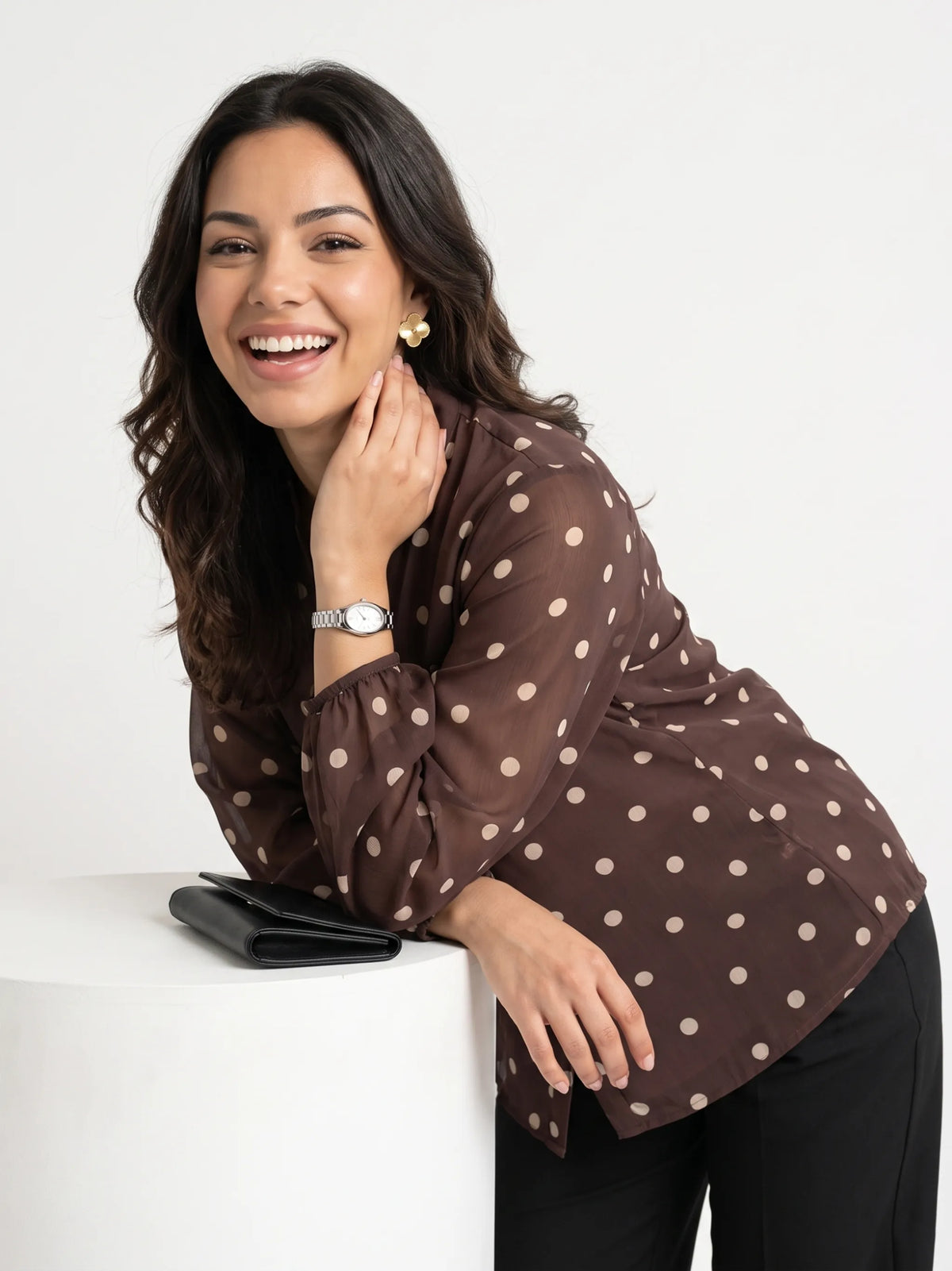 Polka Dot Mandarin Collar Top - Chocolate Brown