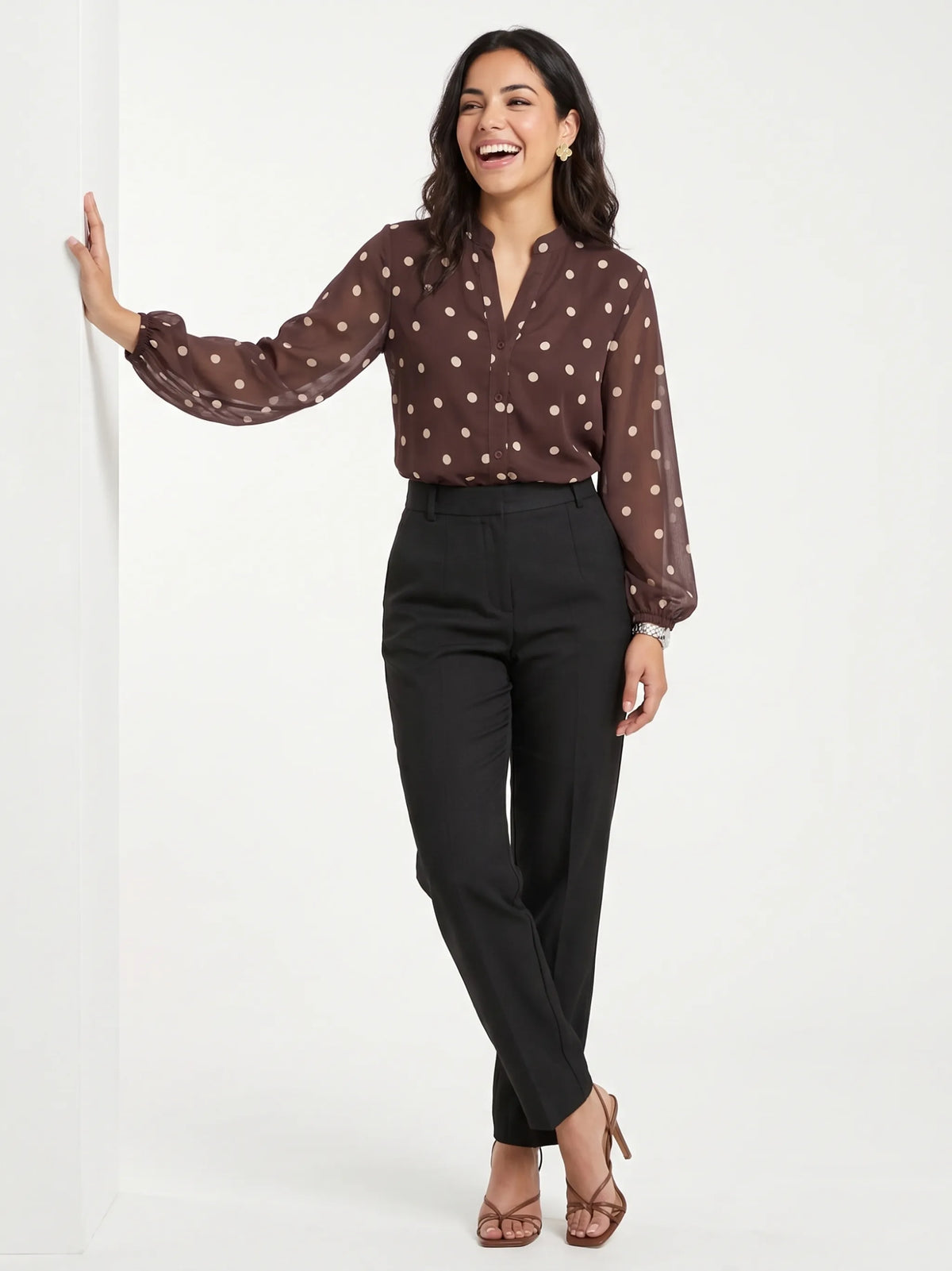 Polka Dot Mandarin Collar Top - Chocolate Brown