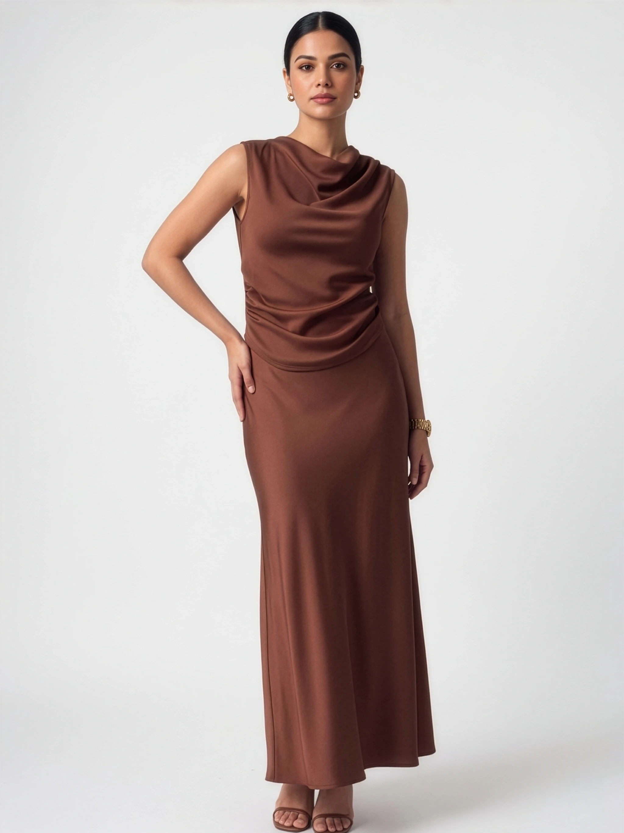Satin Draped Co-ord Set in Chocolate Brown