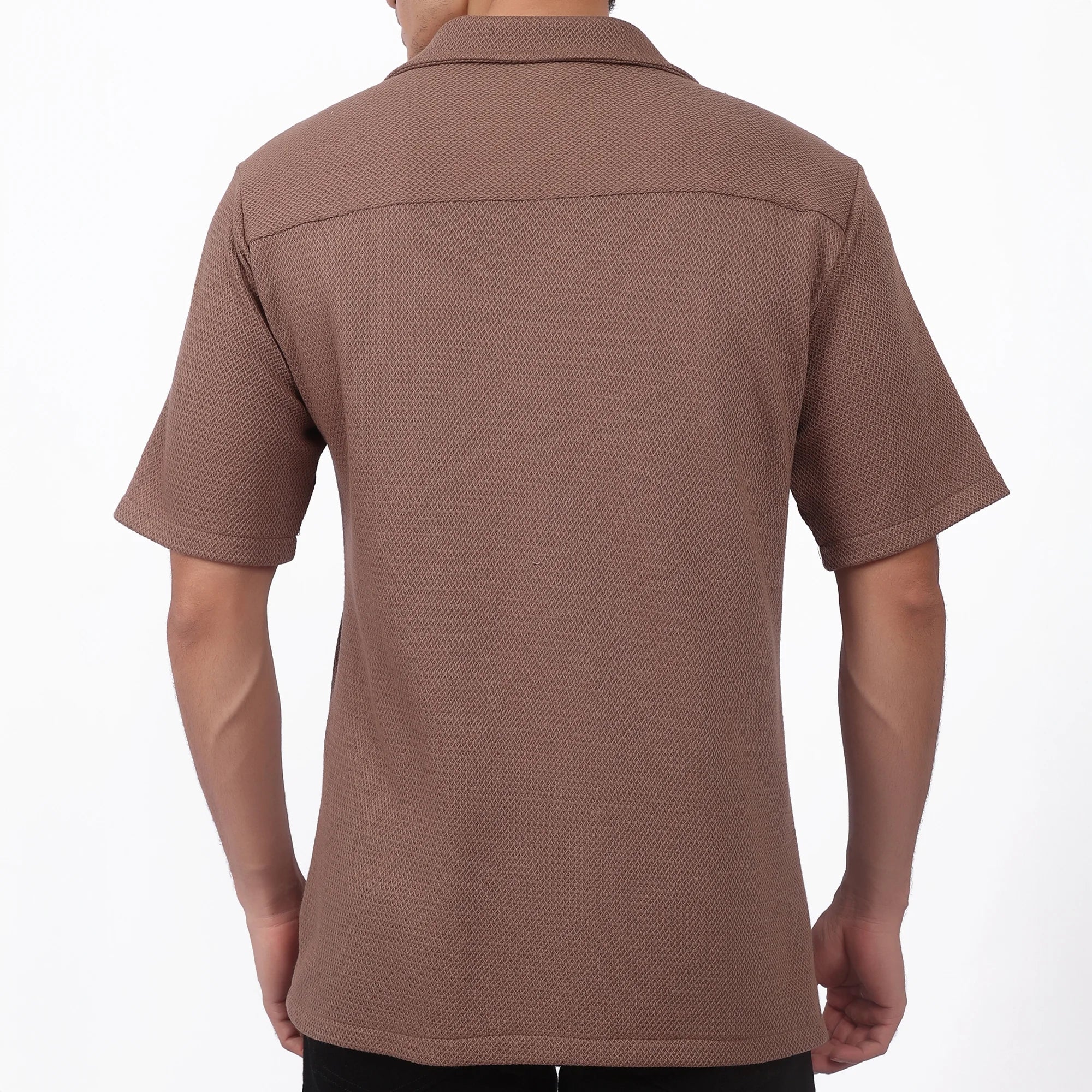 Men's Brown Textured Short Sleeve Shirt - Camp Collar