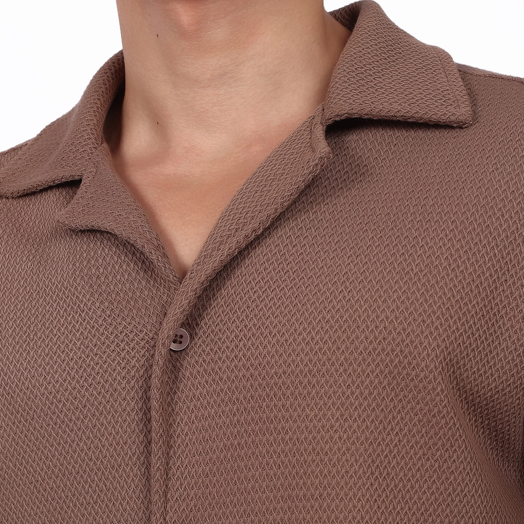 Men's Brown Textured Short Sleeve Shirt - Camp Collar