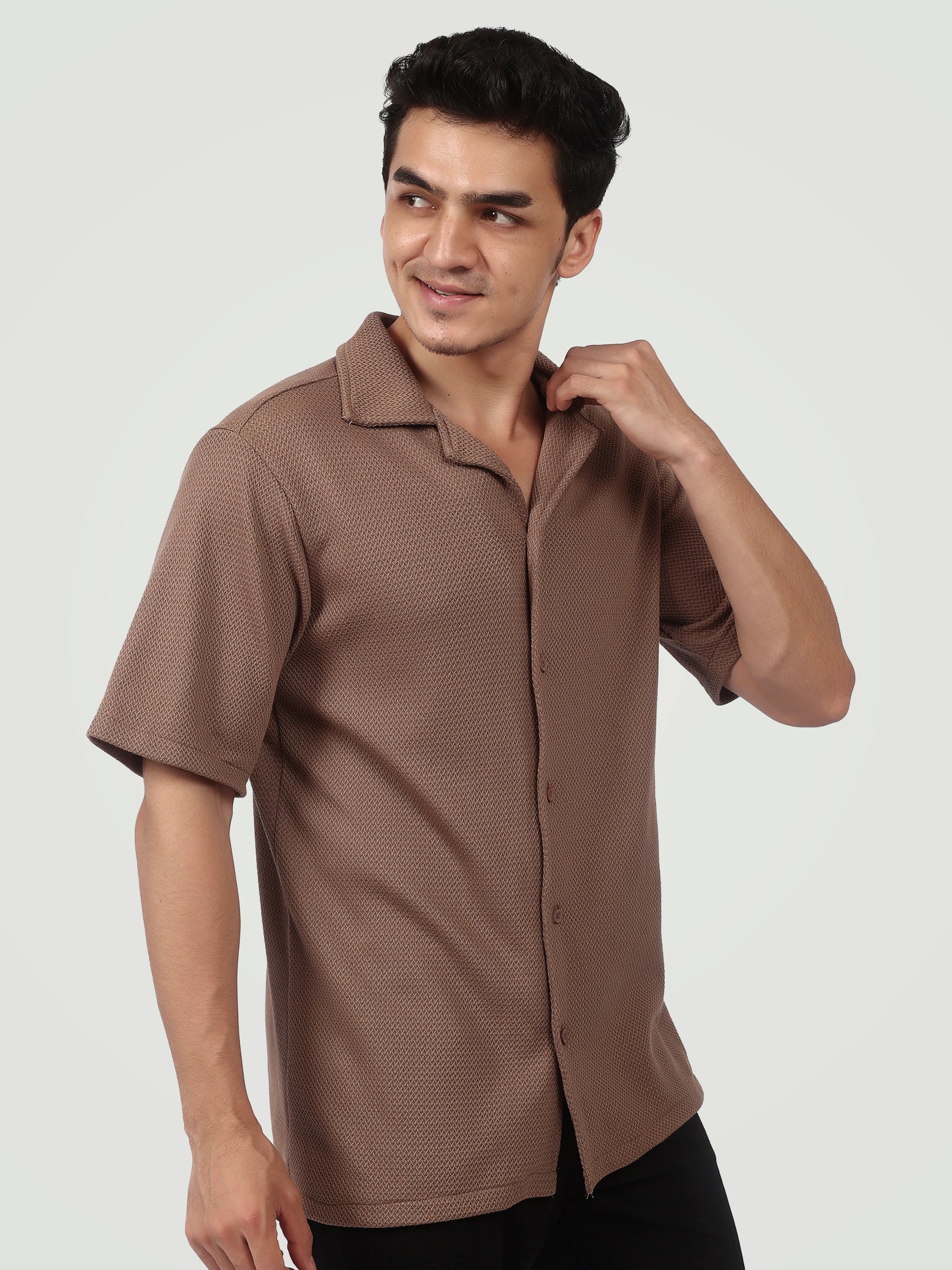 Men's Textured Camp Collar Shirt in Brown | Premium Resort Wear