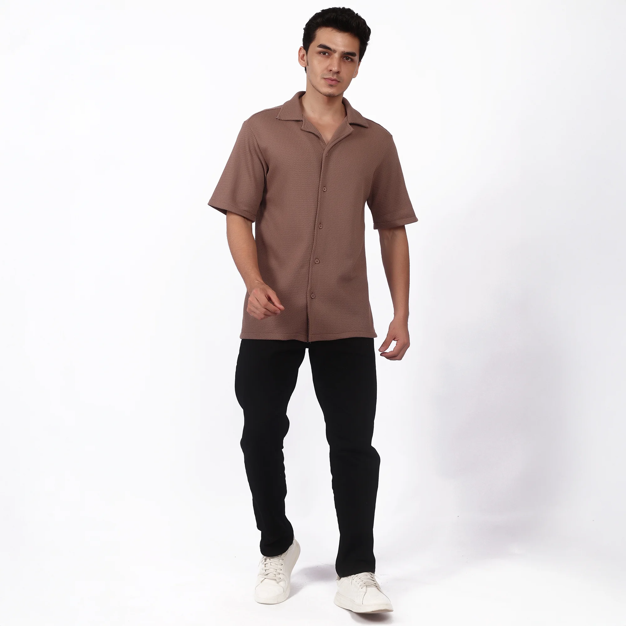 Men's Brown Textured Short Sleeve Shirt - Camp Collar