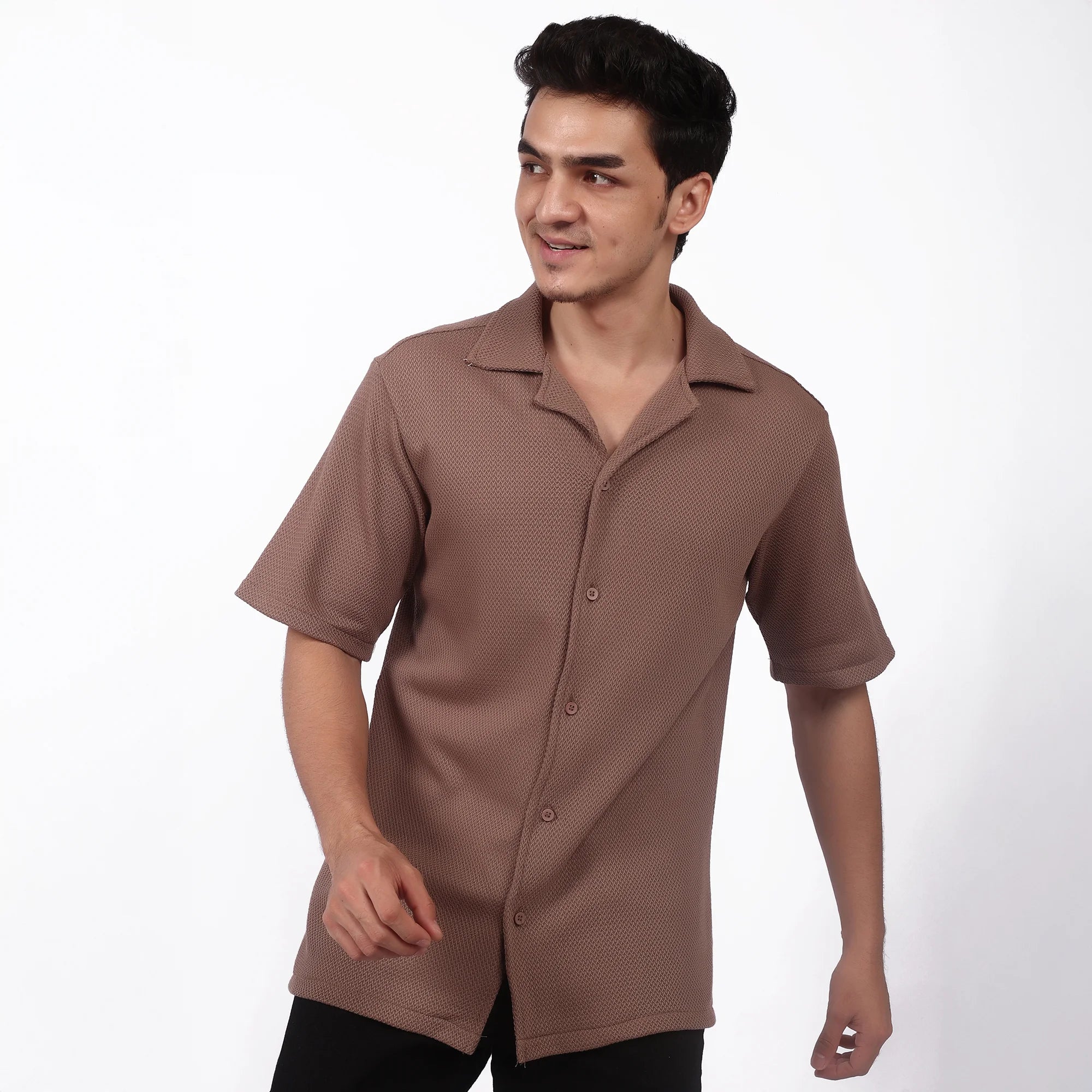 Men's Brown Textured Short Sleeve Shirt - Camp Collar