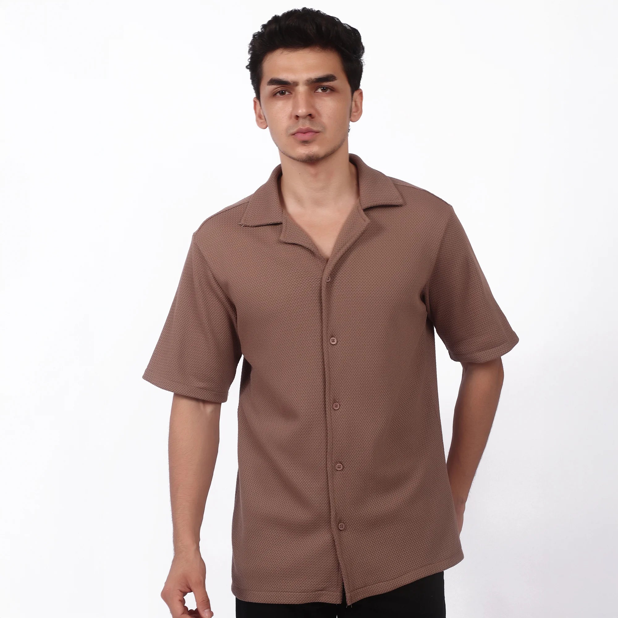 Men's Brown Textured Short Sleeve Shirt - Camp Collar