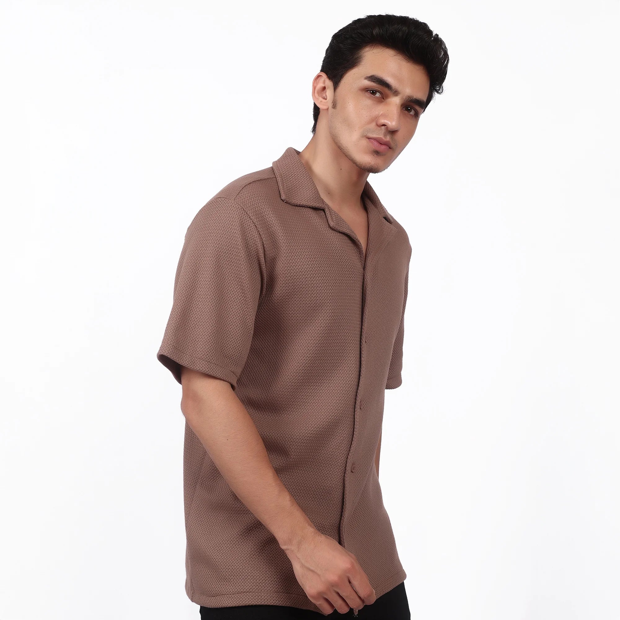 Men's Brown Textured Short Sleeve Shirt - Camp Collar
