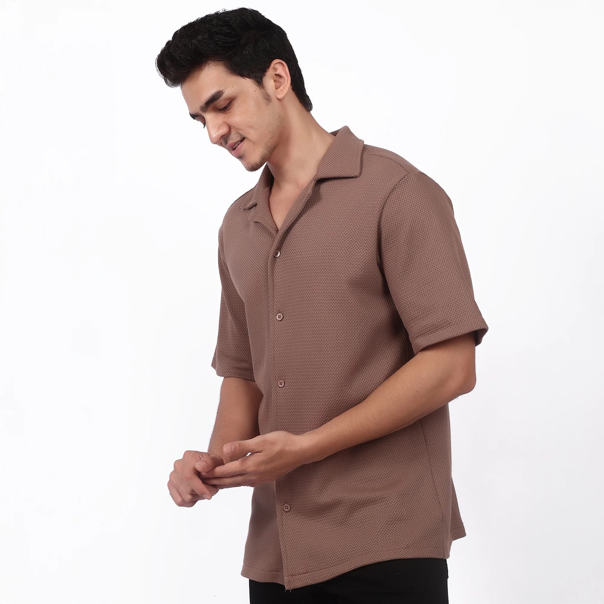Men's Brown Textured Short Sleeve Shirt - Camp Collar