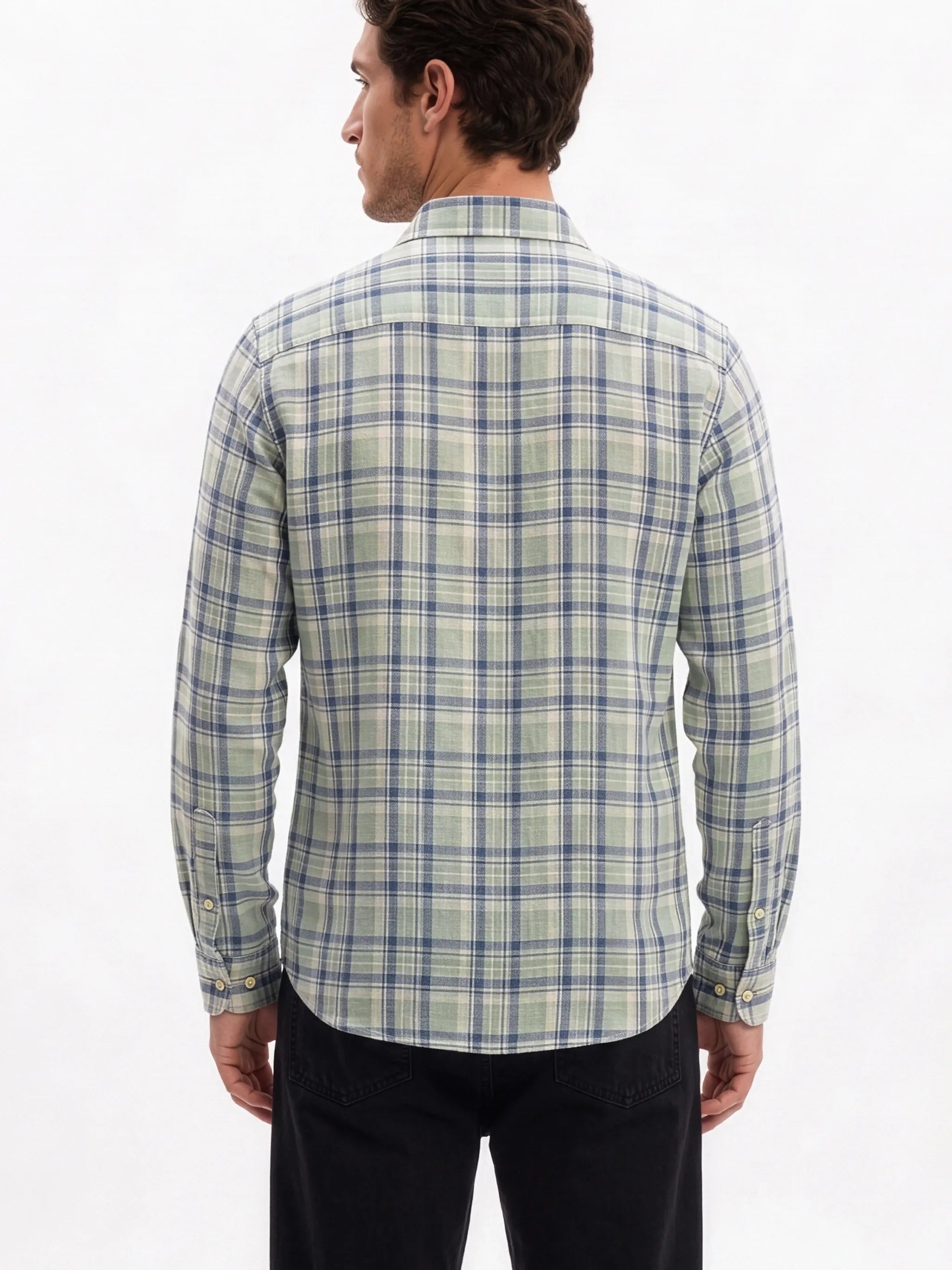 Meedeeshop Men Sage Green & Navy Blue Check Cotton-Linen Blend Spread Collar Full Sleeve Regular Fit Shirt