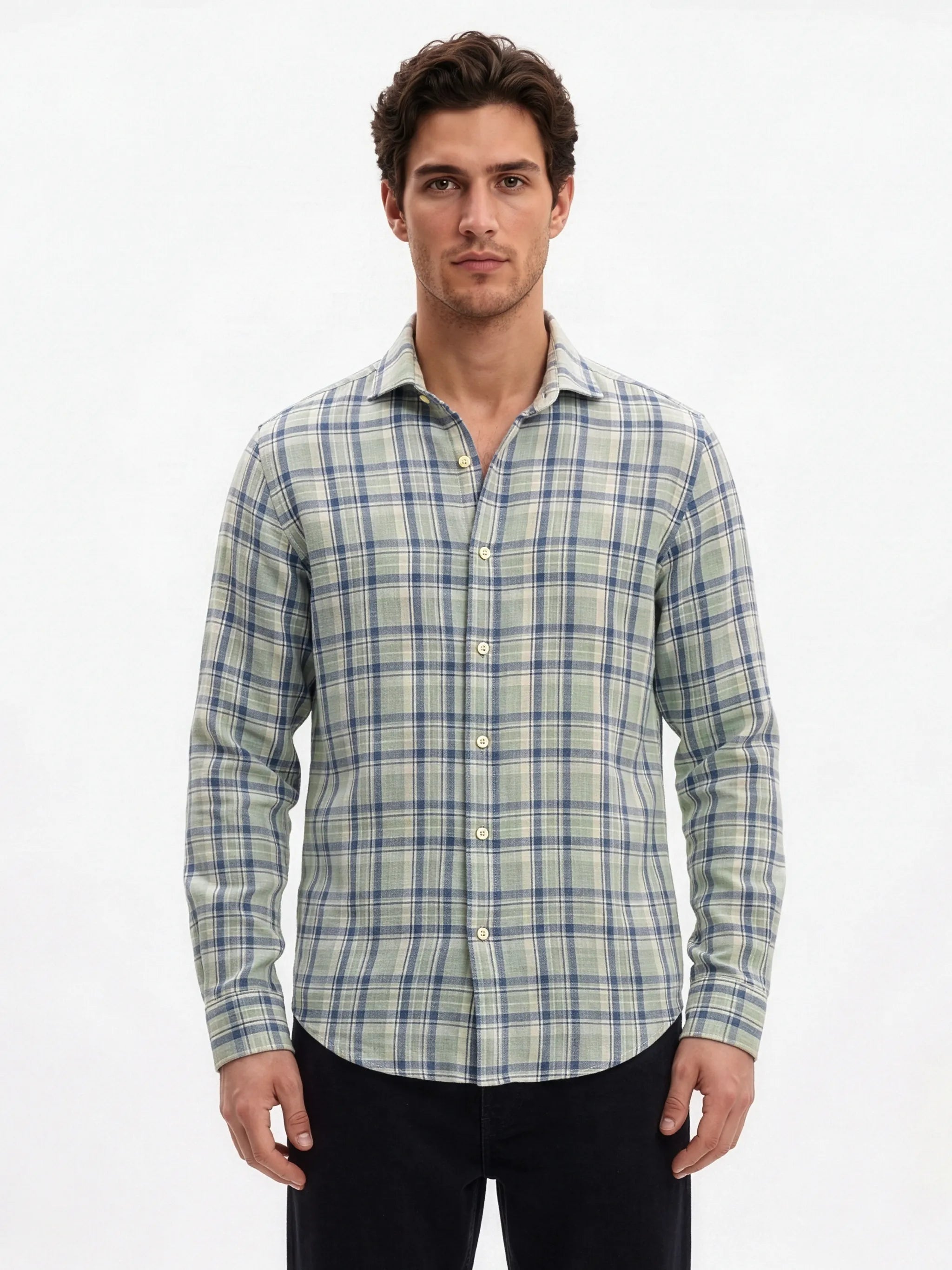 Meedeeshop Men Sage Green & Navy Blue Check Cotton-Linen Blend Spread Collar Full Sleeve Regular Fit Shirt