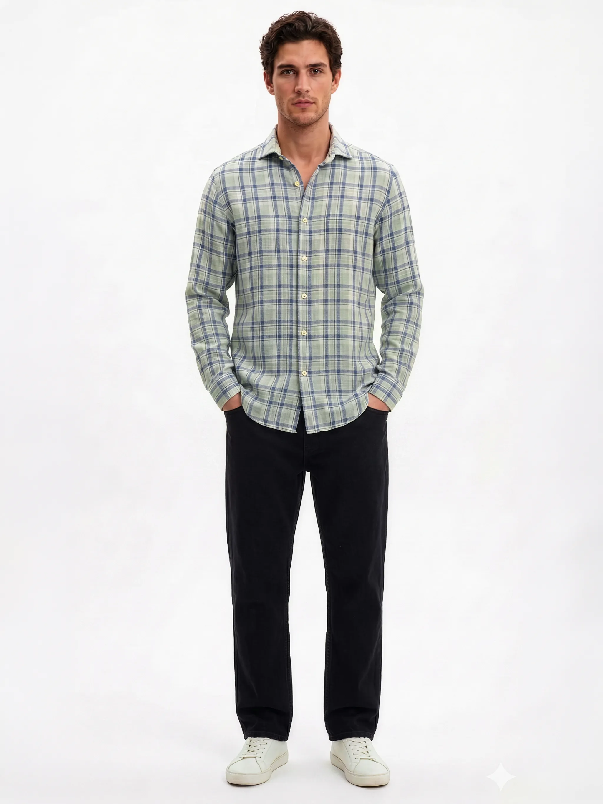 Meedeeshop Men Sage Green & Navy Blue Check Cotton-Linen Blend Spread Collar Full Sleeve Regular Fit Shirt