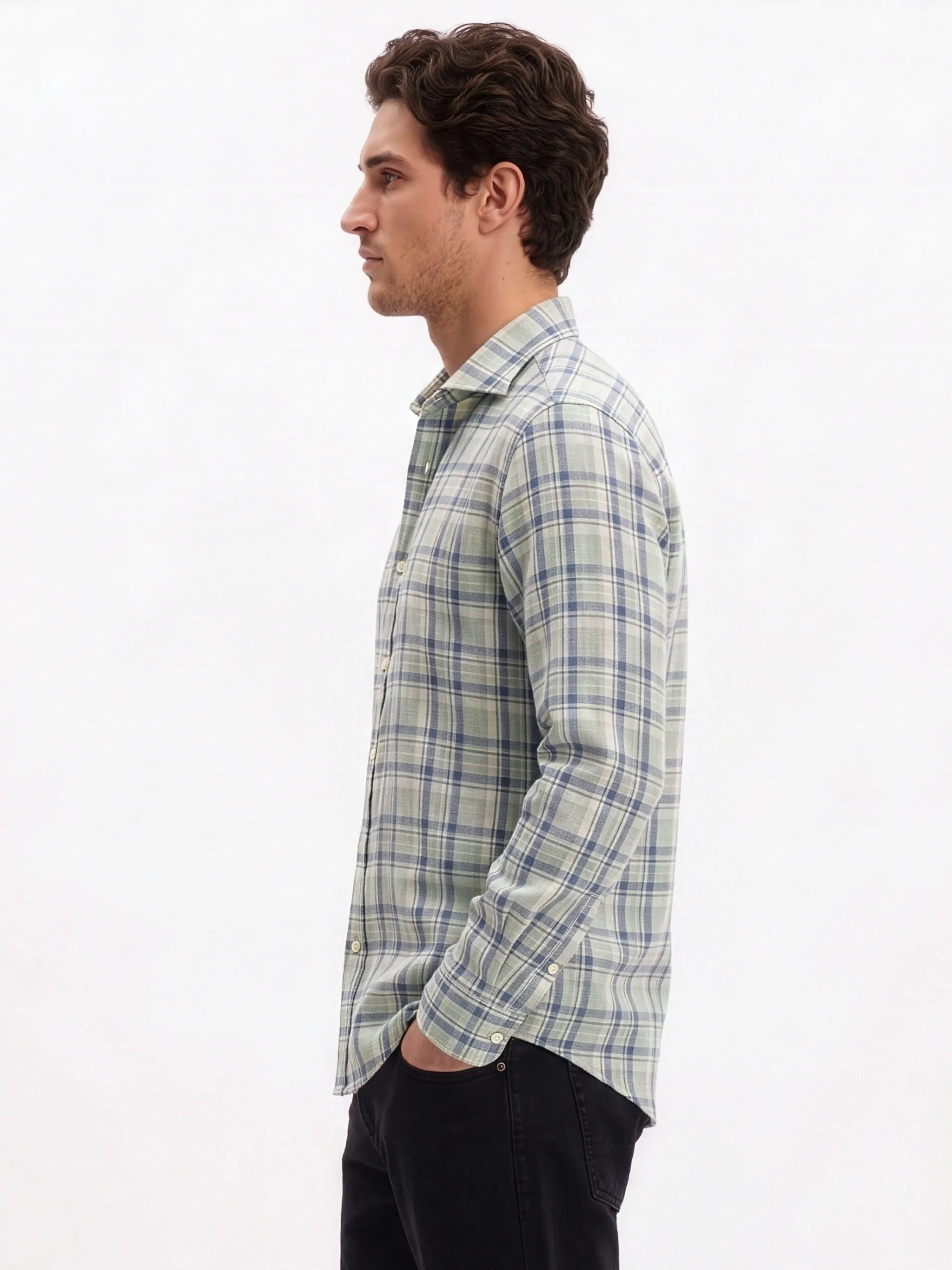 Meedeeshop Men Sage Green & Navy Blue Check Cotton-Linen Blend Spread Collar Full Sleeve Regular Fit Shirt