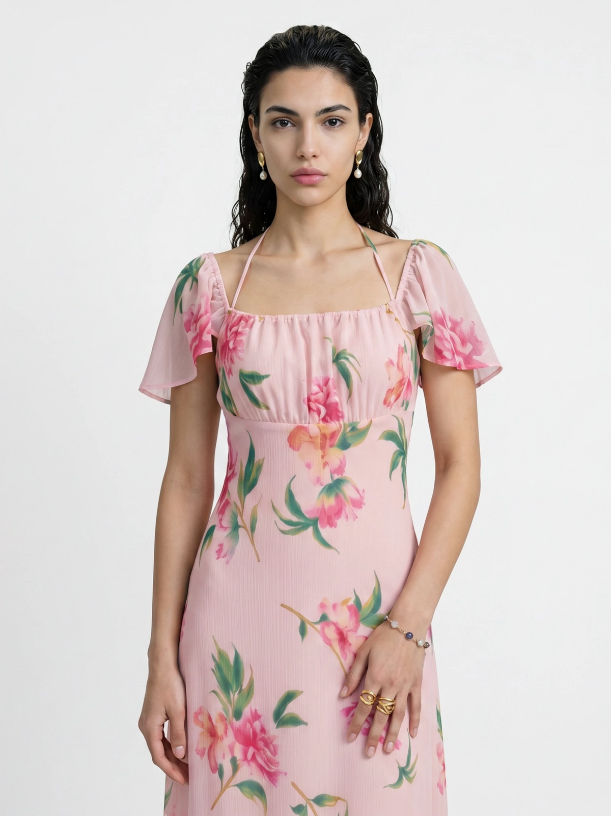 Blush Pink Floral Chiffon Midi Dress