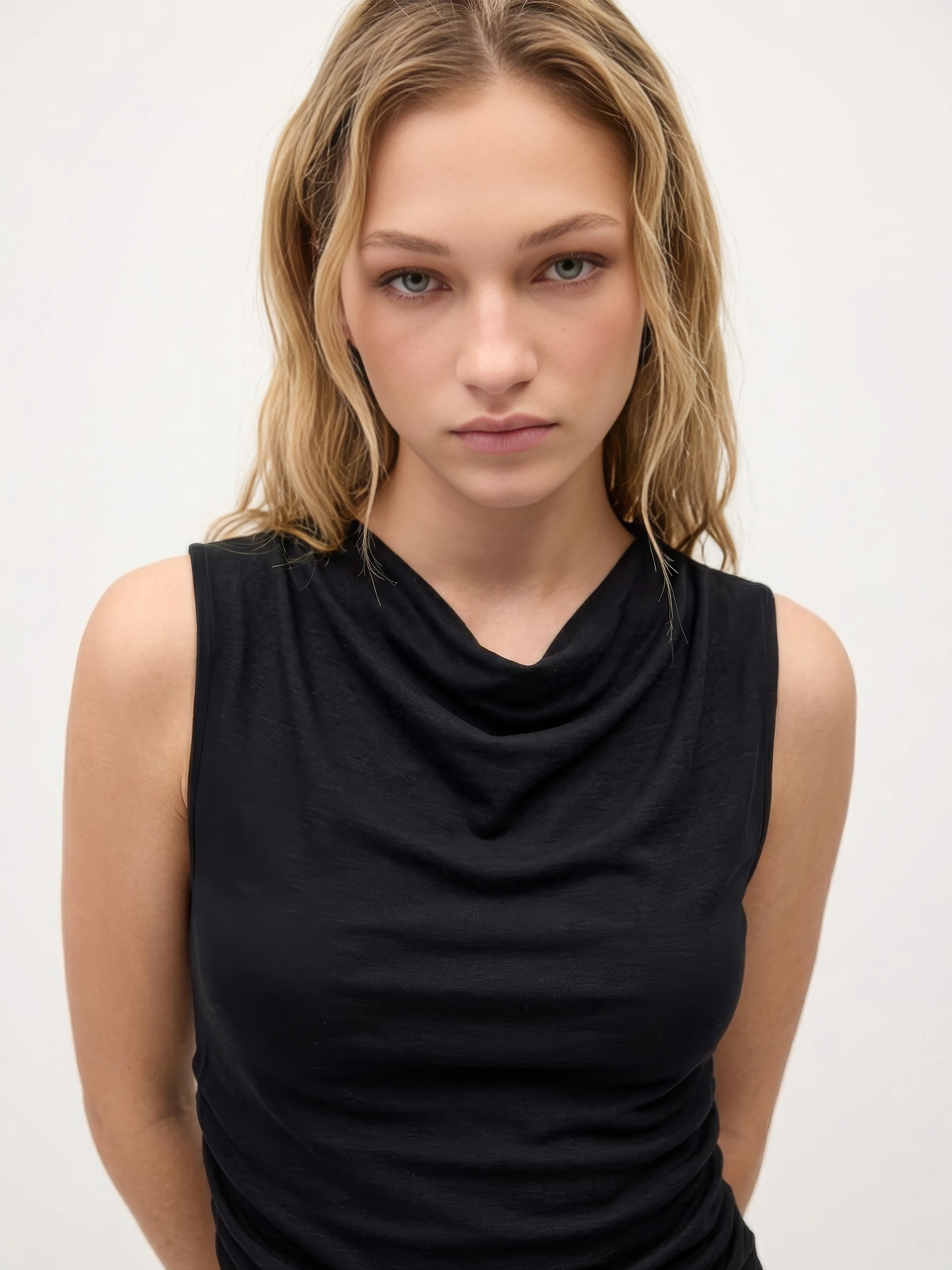 Women Black Cowl Neck Ruched Top