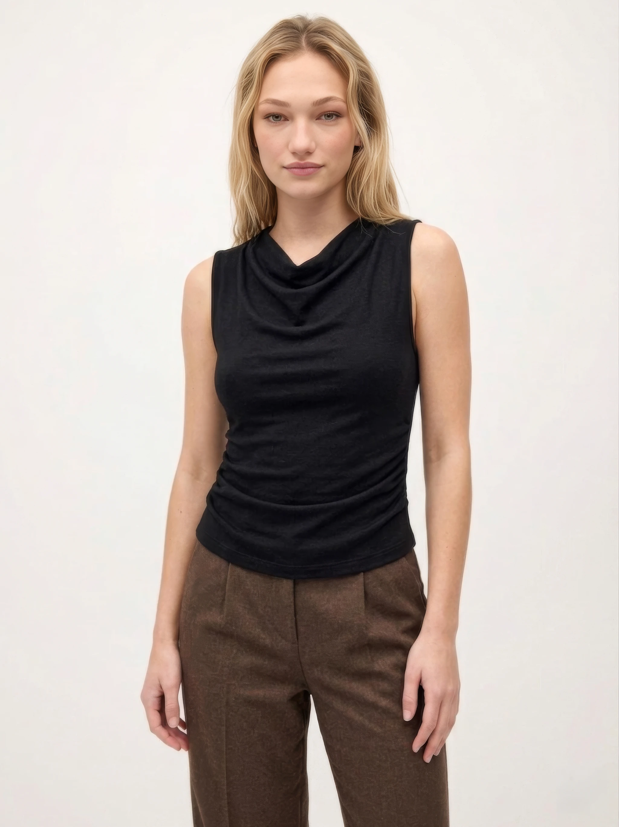 Women Black Cowl Neck Ruched Top