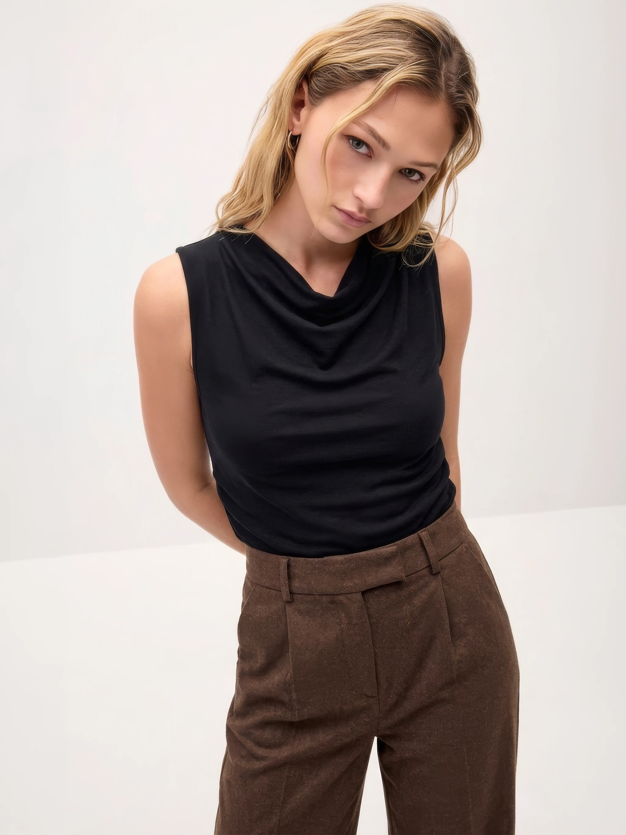Women Black Cowl Neck Ruched Top